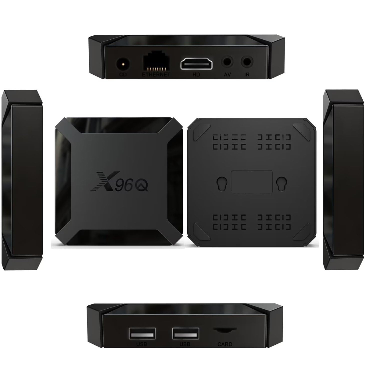 Schwarze X96Q Android TV-Box. Sie hat Anschlüsse für CD, Ethernet, HDMI und USB. Verschiedene Winkel werden gezeigt.
