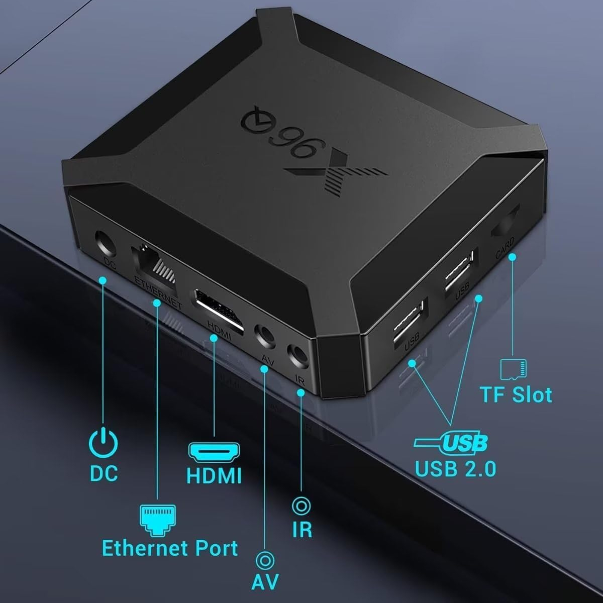 Ein schwarzes, quadratisches Media-Player-Gerät mit Anschlüssen: DC, Ethernet, HDMI, AV, IR, USB und TF-Steckplatz.