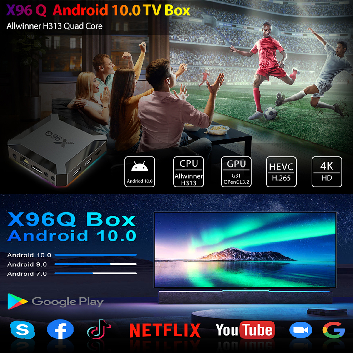 Eine TV-Box mit einem Bildschirm, der ein Fußballspiel zeigt. Die Leute sehen sich das Spiel an. Logos für Streaming-Dienste werden angezeigt.