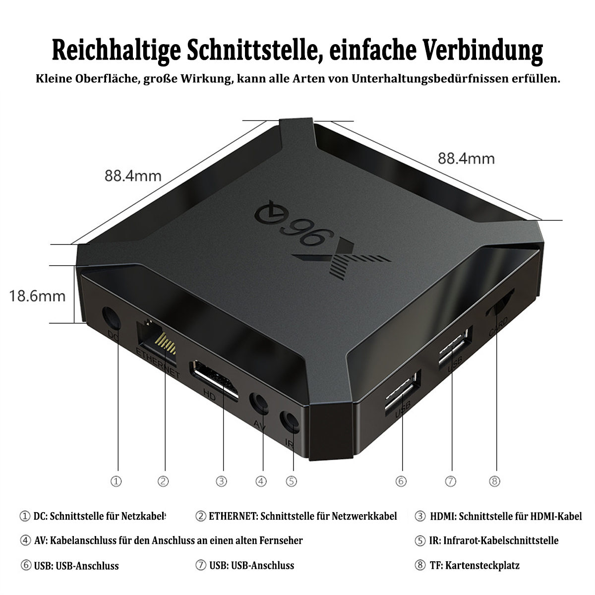 Schwarzes Gerät mit Anschlüssen und Beschriftungen. Weißer Hintergrund, beschriftete Anschlüsse. Text und Maße.