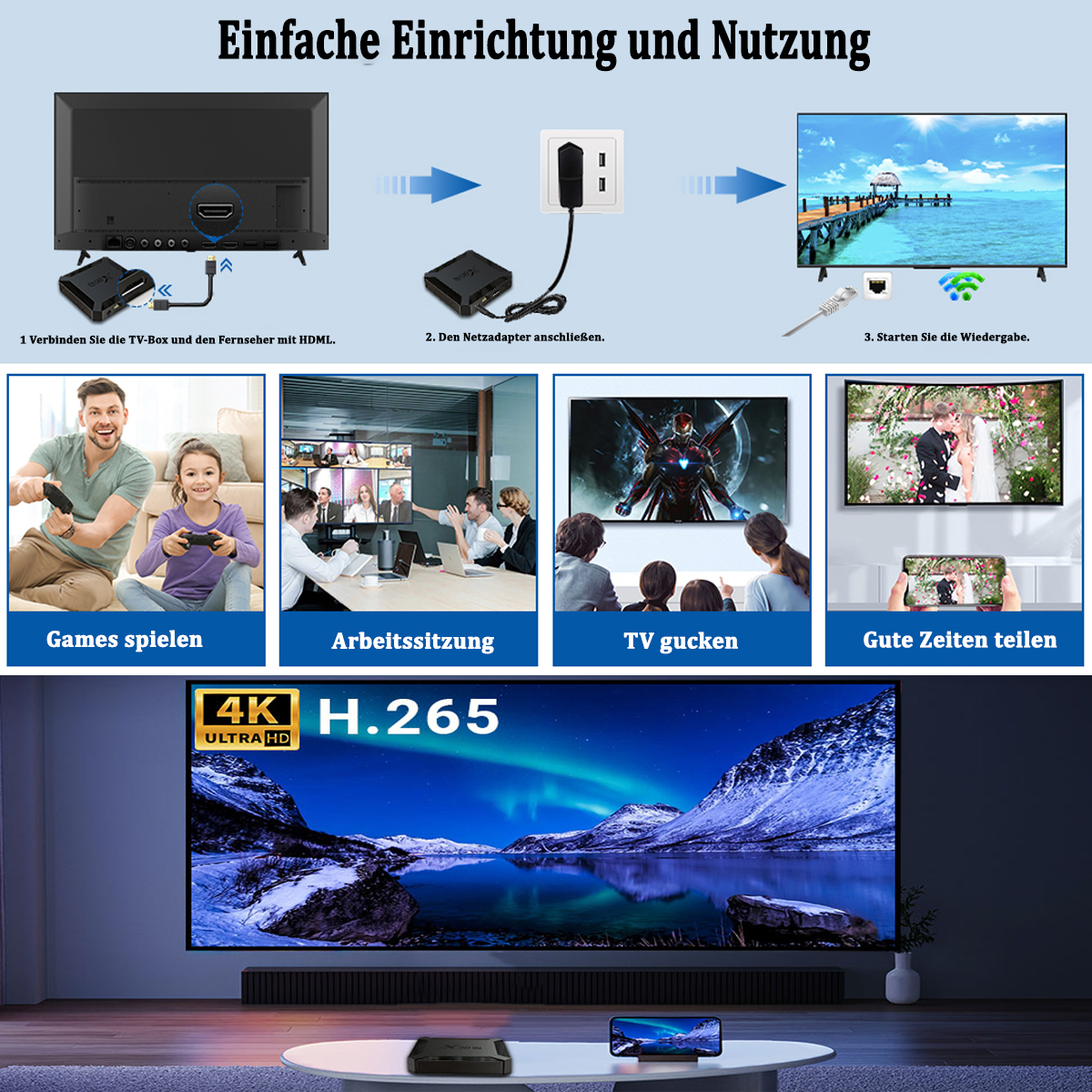 Ein Diagramm, das zeigt, wie man eine TV-Box an einen Fernseher anschließt. Es gibt Szenen von Menschen, die Fernsehen.