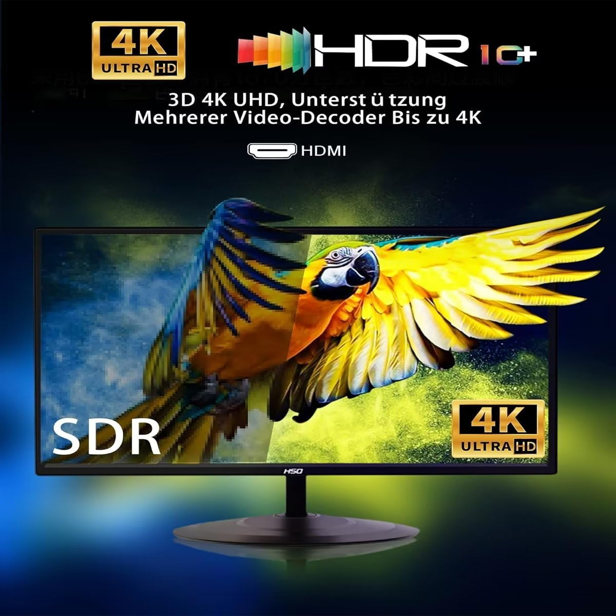 Ein Fernsehbildschirm, der ein farbenfrohes Bild mit Text zu HDR und 4K zeigt. Ein Papagei ist auf dem Bildschirm sichtbar.