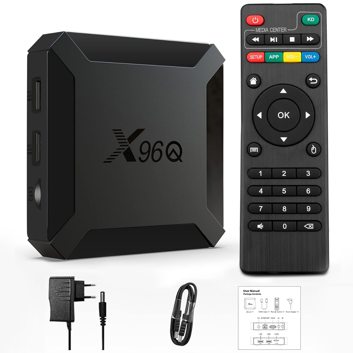 Schwarze X96Q TV-Box und Fernbedienung mit Zubehör, einschließlich Netzteil und Kabel.