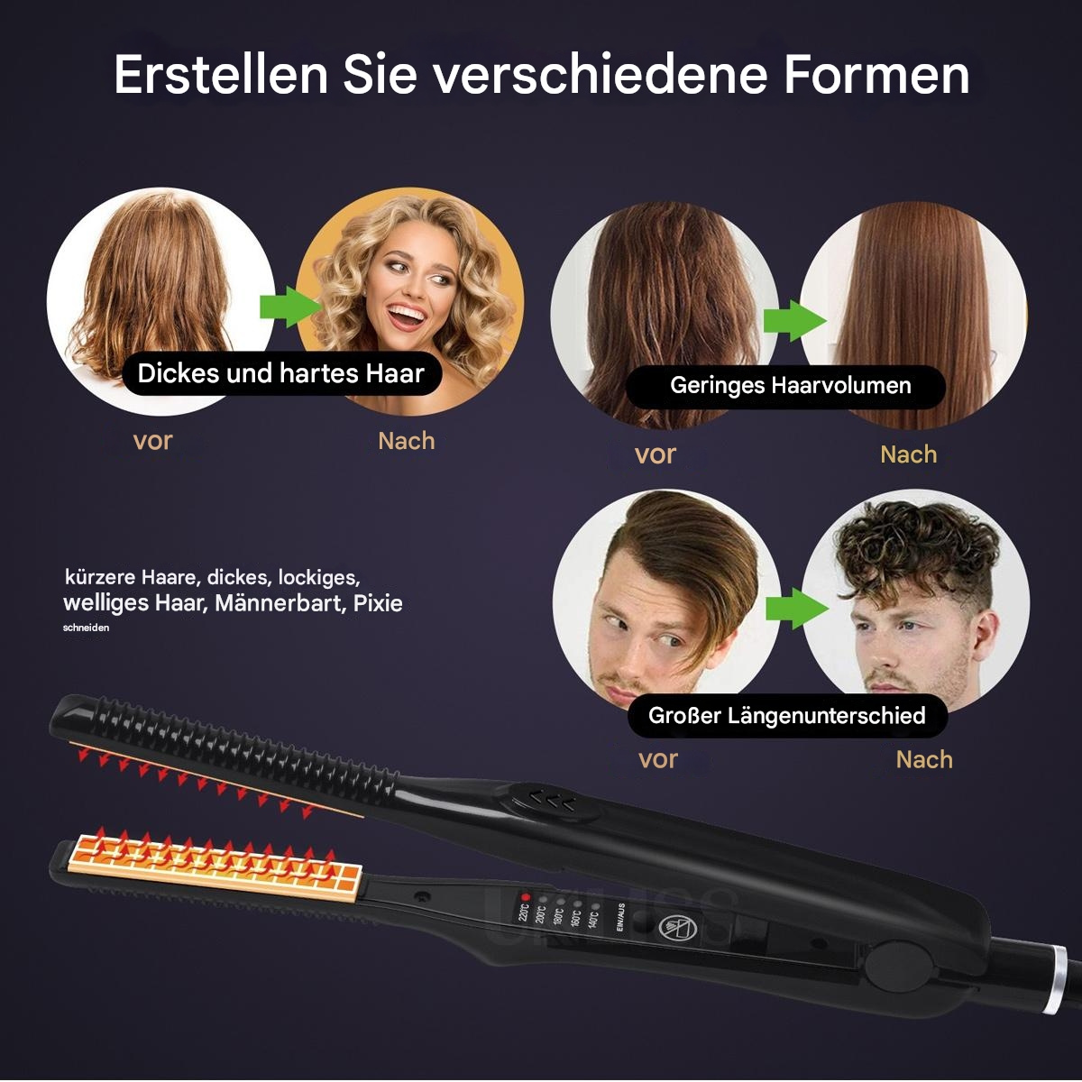 Haarstyling-Vergleich. Zeigt Vorher-/Nachher-Bilder verschiedener Haartypen, die mit einem Glätteisen gestylt werden.