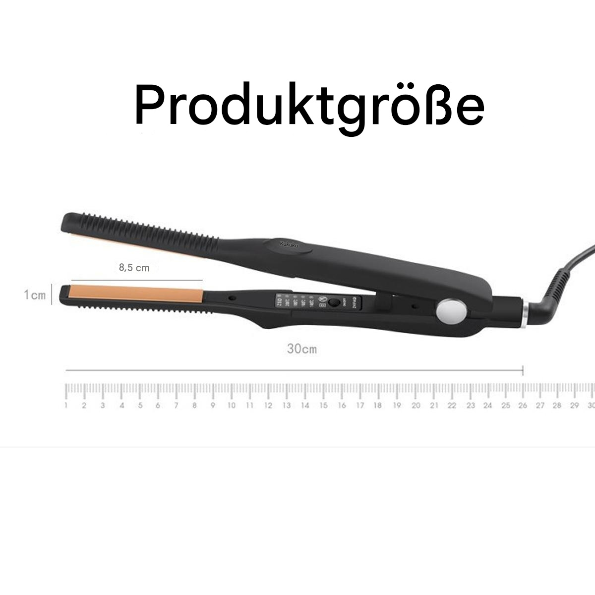 Schwarzer Haarglätter mit Maßen, zeigt Abmessungen und ein Netzkabel.