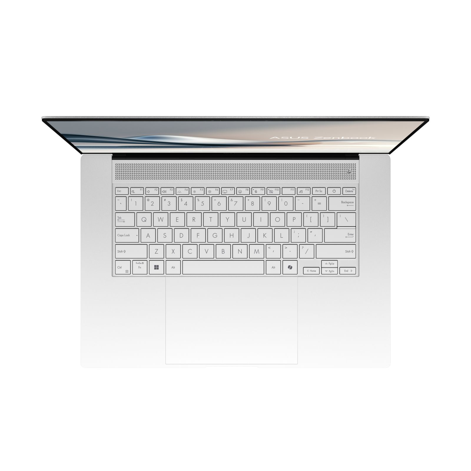 Weißer Laptop, Draufsicht. Tastatur, Touchpad und Bildschirm sichtbar. Der Bildschirm zeigt ein unscharfes Bild.