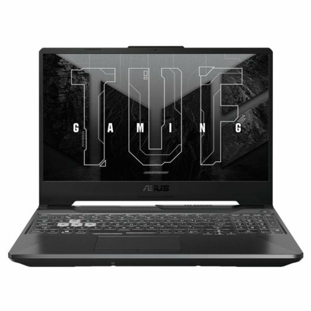 Czarny laptop do gier ASUS TUF. Otwarty, z klawiaturą i ekranem z grafiką.
