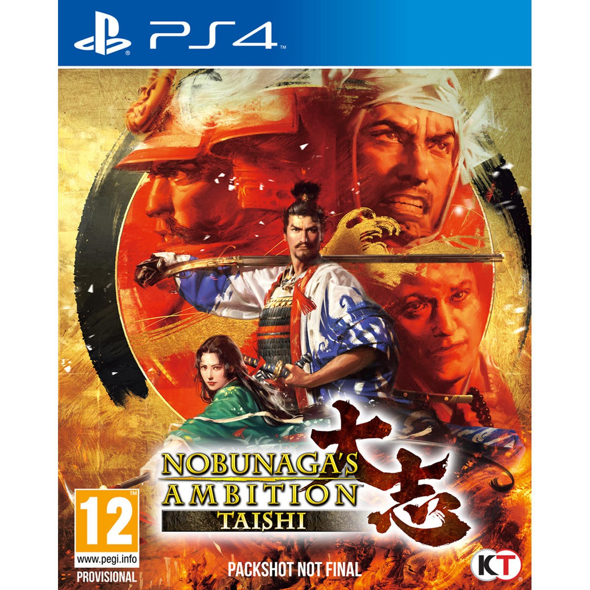 Scatola del gioco PS4: Nobunaga's Ambition Taishi. Presenta guerrieri in abiti storici giapponesi.