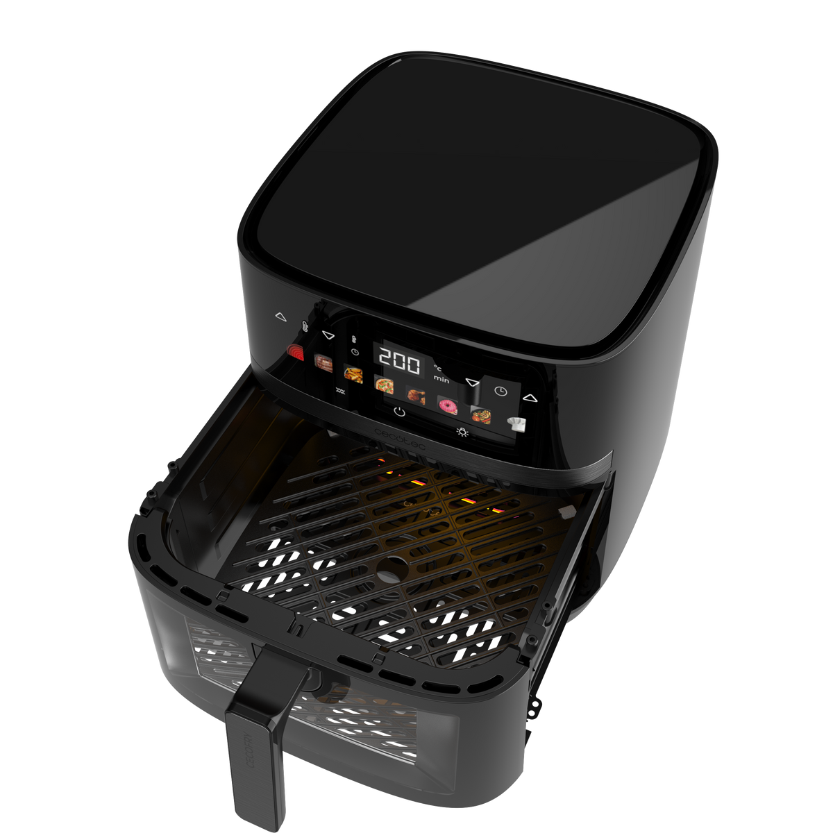 Czarna frytkownica beztłuszczowa, otwarta, z wyjętym koszem. Widoczne elementy sterowania dotykowego. Ciemne tło.