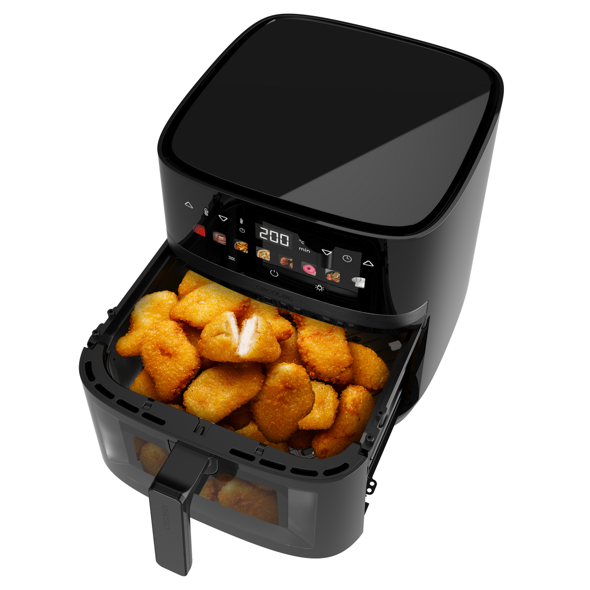 Czarna frytkownica powietrzna z nuggetami w środku. Ekran pokazuje 200 stopni. Czarne tło.