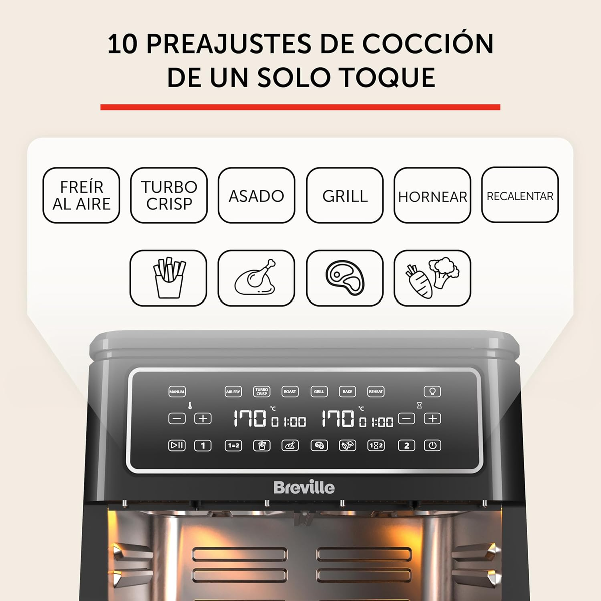 Una friggitrice ad aria nera con un display digitale che mostra opzioni e impostazioni di cottura.