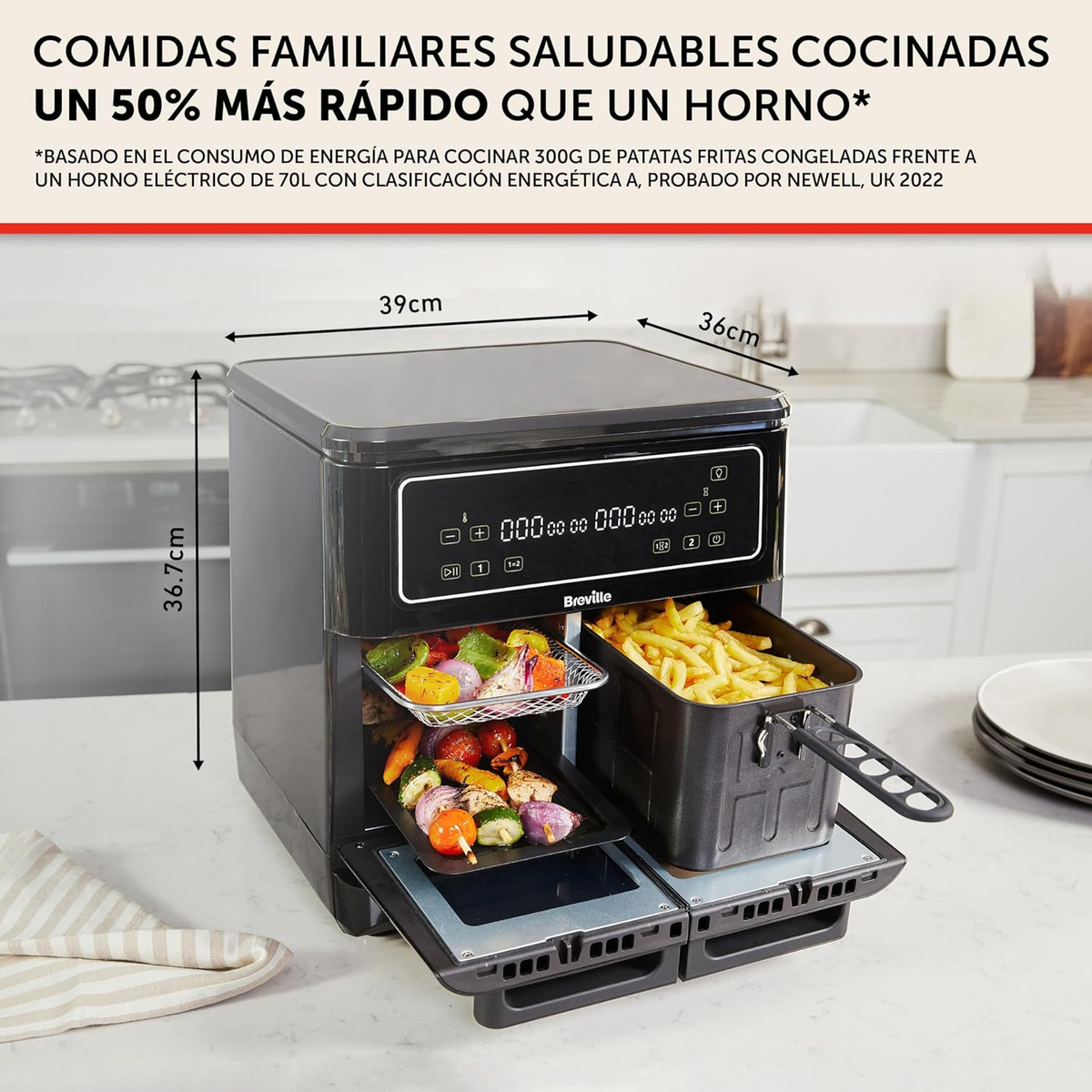 Friggitrice ad aria nera con cibo, su piano bianco, con testo.