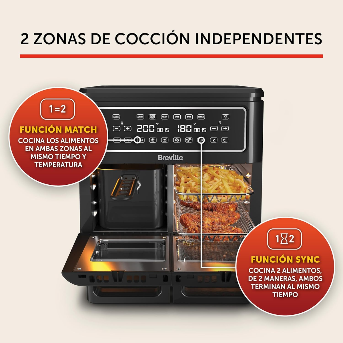 Friggitrice ad aria nera con comandi. Mostra due zone di cottura e funzioni: match e sync.