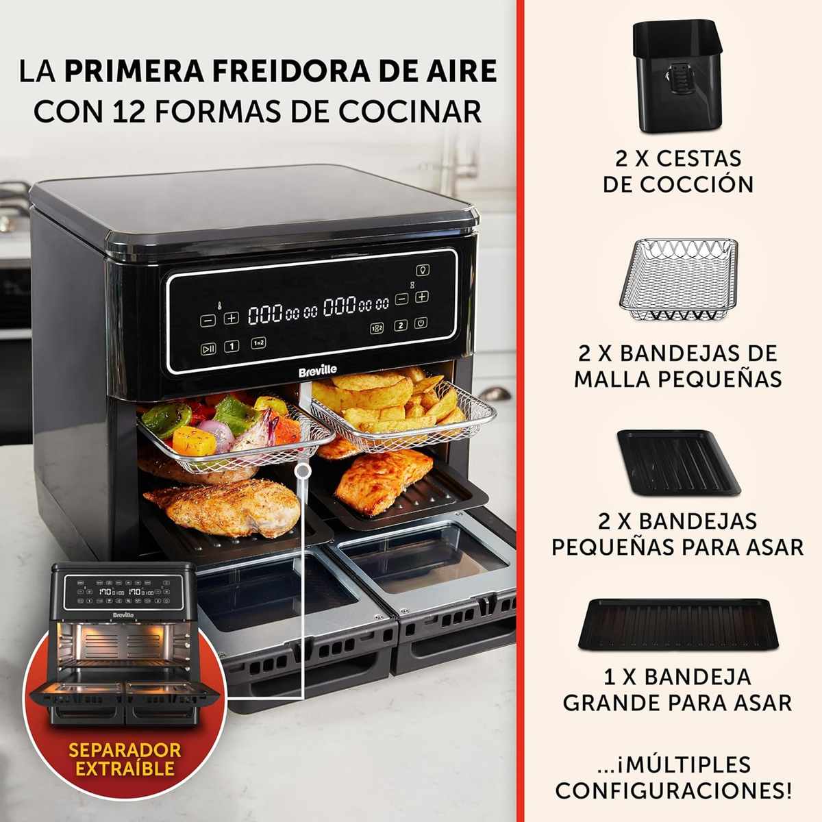 Friggitrice ad aria nera con cestelli, cibo all'interno. Il testo mostra le opzioni di cottura.