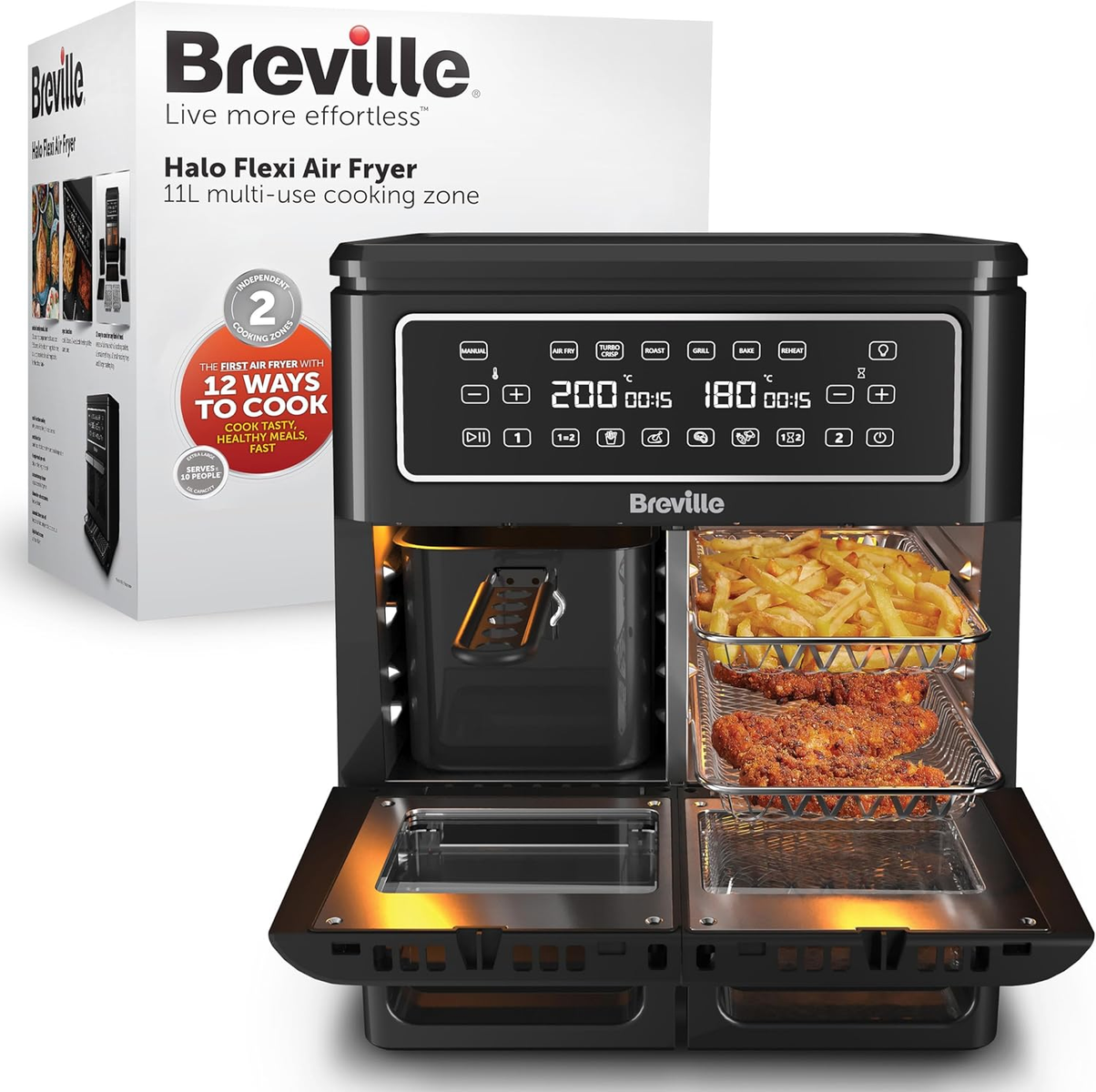 Friggitrice ad aria Breville Halo Flexi. Mostra la friggitrice con cibo all'interno e una scatola con le informazioni sul prodotto.