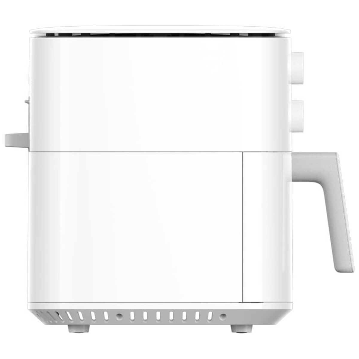 Biała frytkownica beztłuszczowa, widok z boku. Posiada uchwyt i pokrętła. Nowoczesne urządzenie.