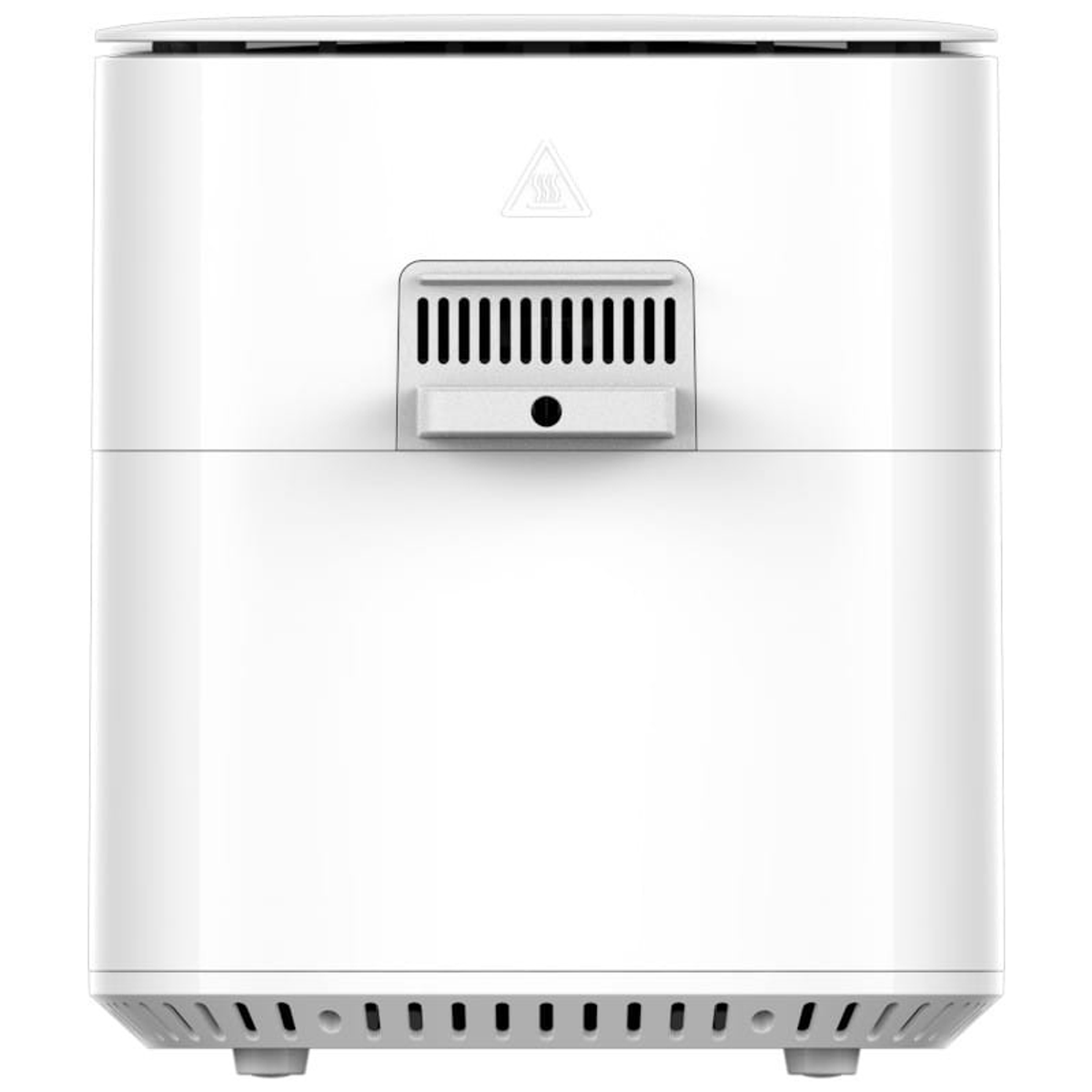 Tył białej frytkownicy powietrznej z otworami wentylacyjnymi i symbolem ostrzegawczym przed ciepłem.