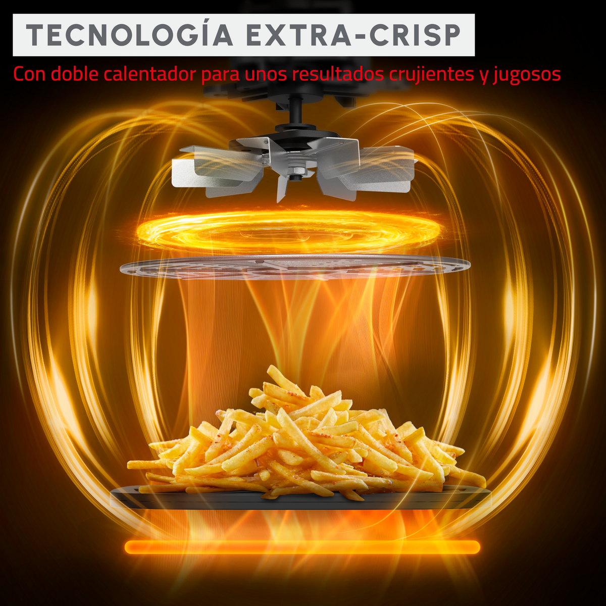 Frytki smażące się w frytownicy. Frytownica ma wentylator i element grzewczy.
