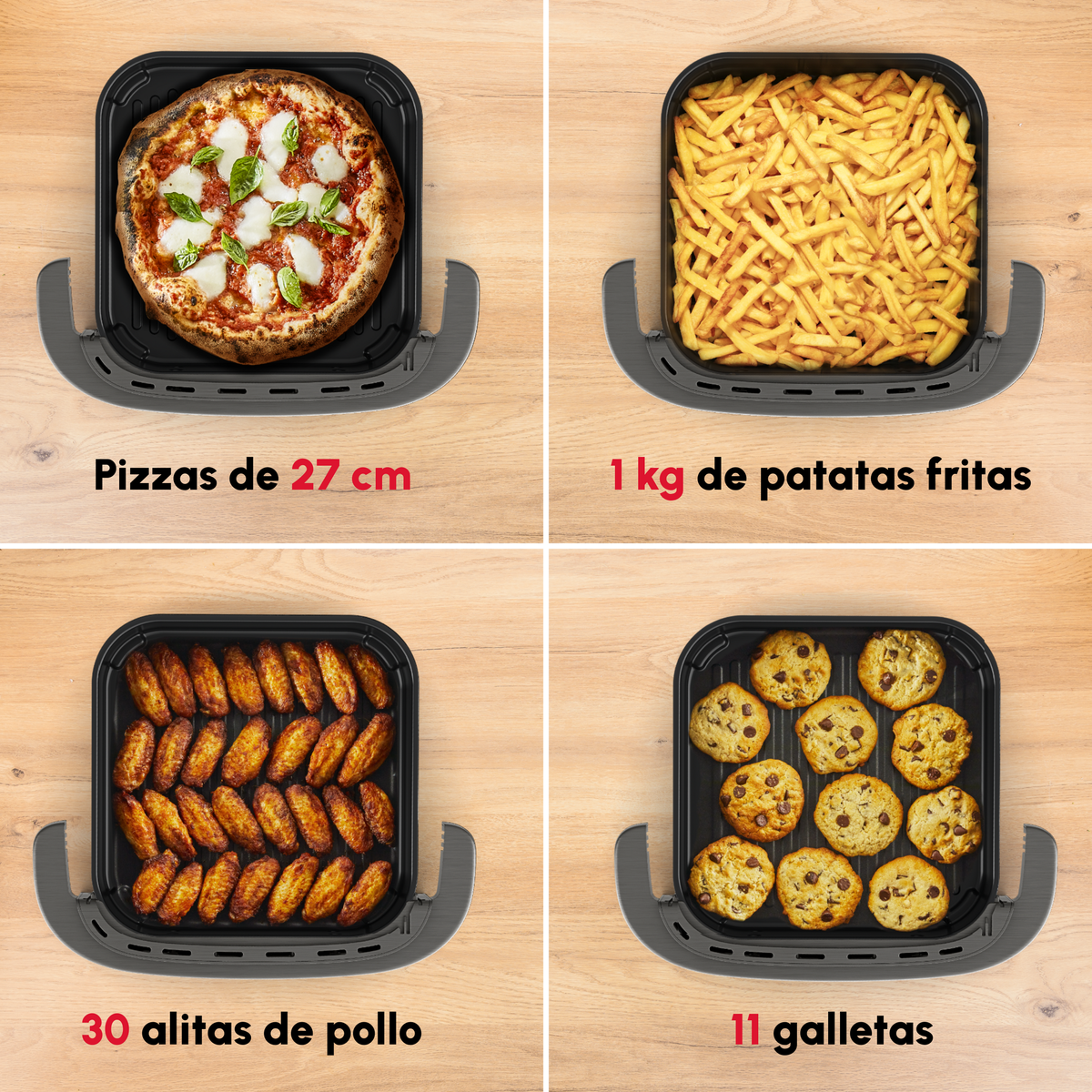 Frytkownica powietrzna z smażonym jedzeniem. Pizze, frytki, skrzydełka i ciastka.