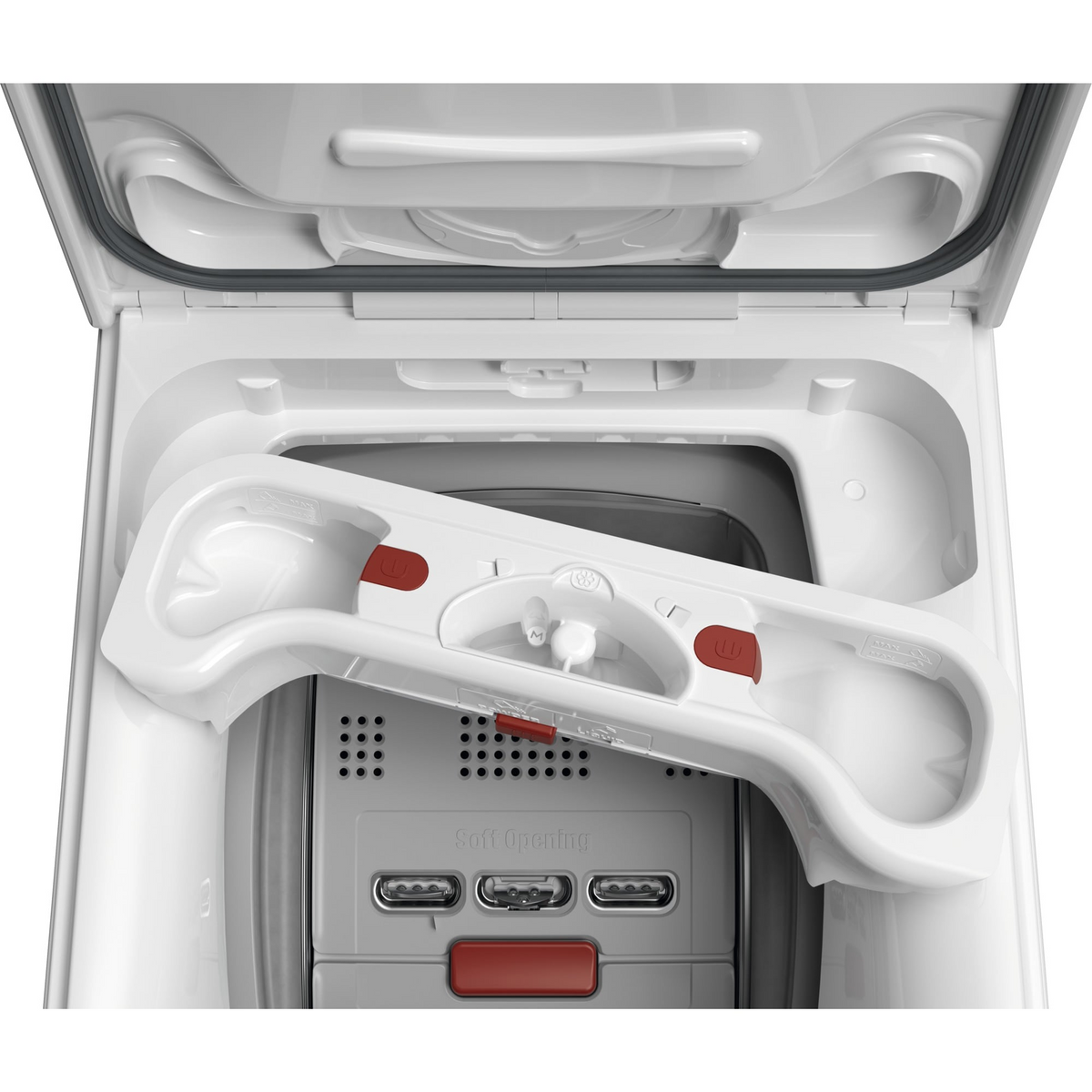 Otwarta biała pralka z wysuniętą szufladą na detergent. Wnętrze jest białe i ma kilka przegródek.