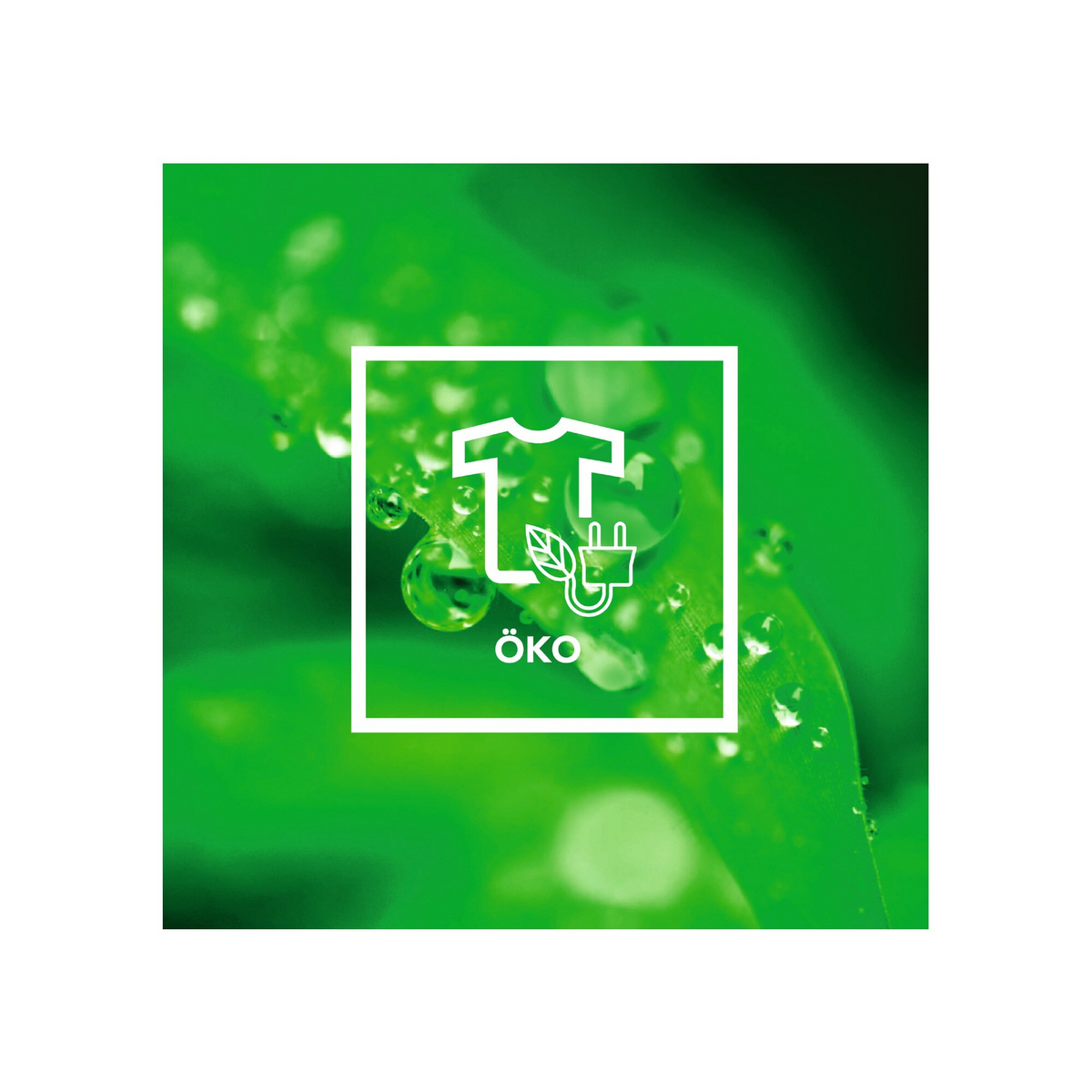 Biały kwadrat z zielonym tłem, z ikoną koszuli, wtyczki i liścia.