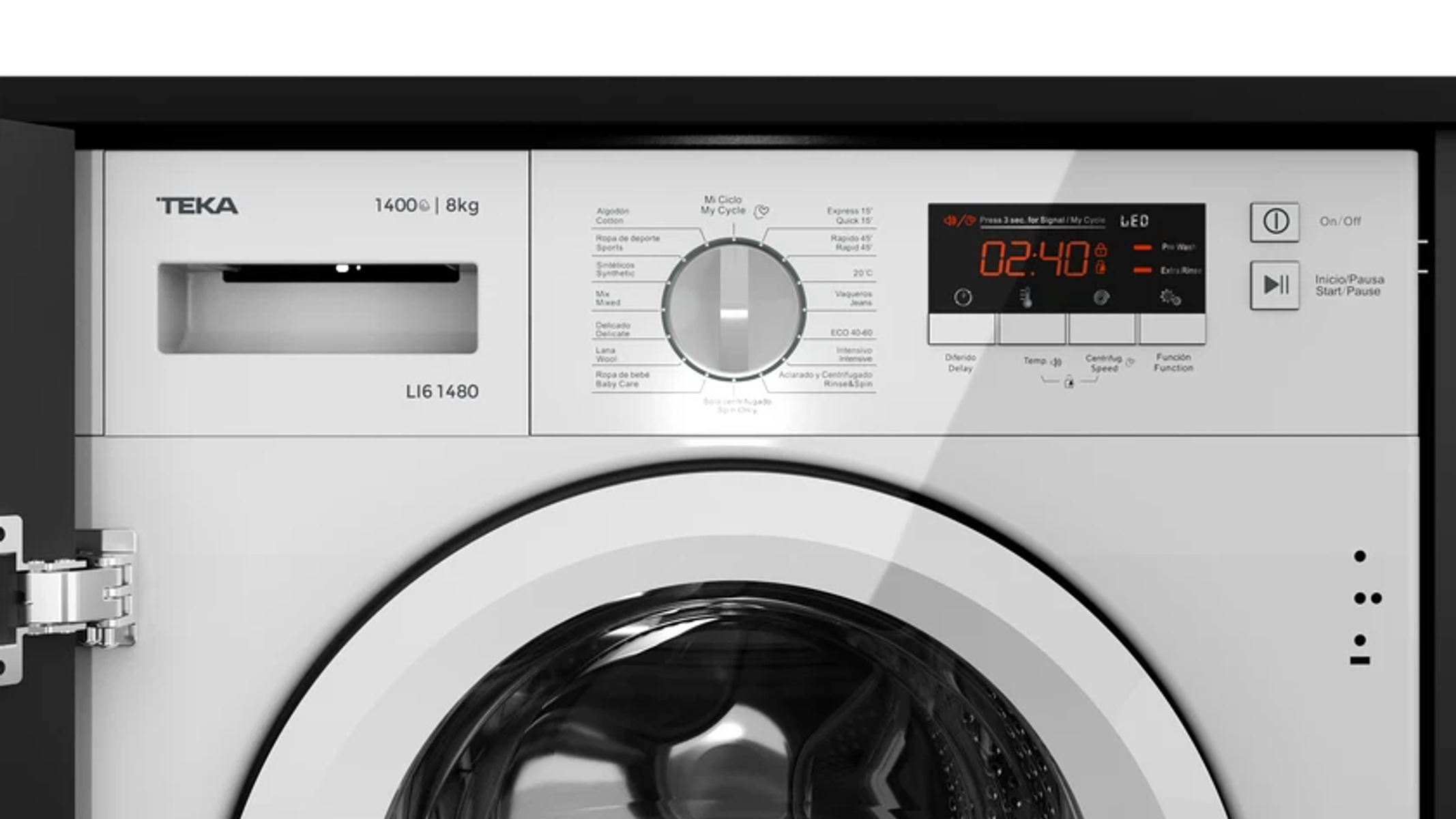 Biały panel sterowania pralki z wyświetlaczem pokazującym '02:40', drzwi są otwarte.