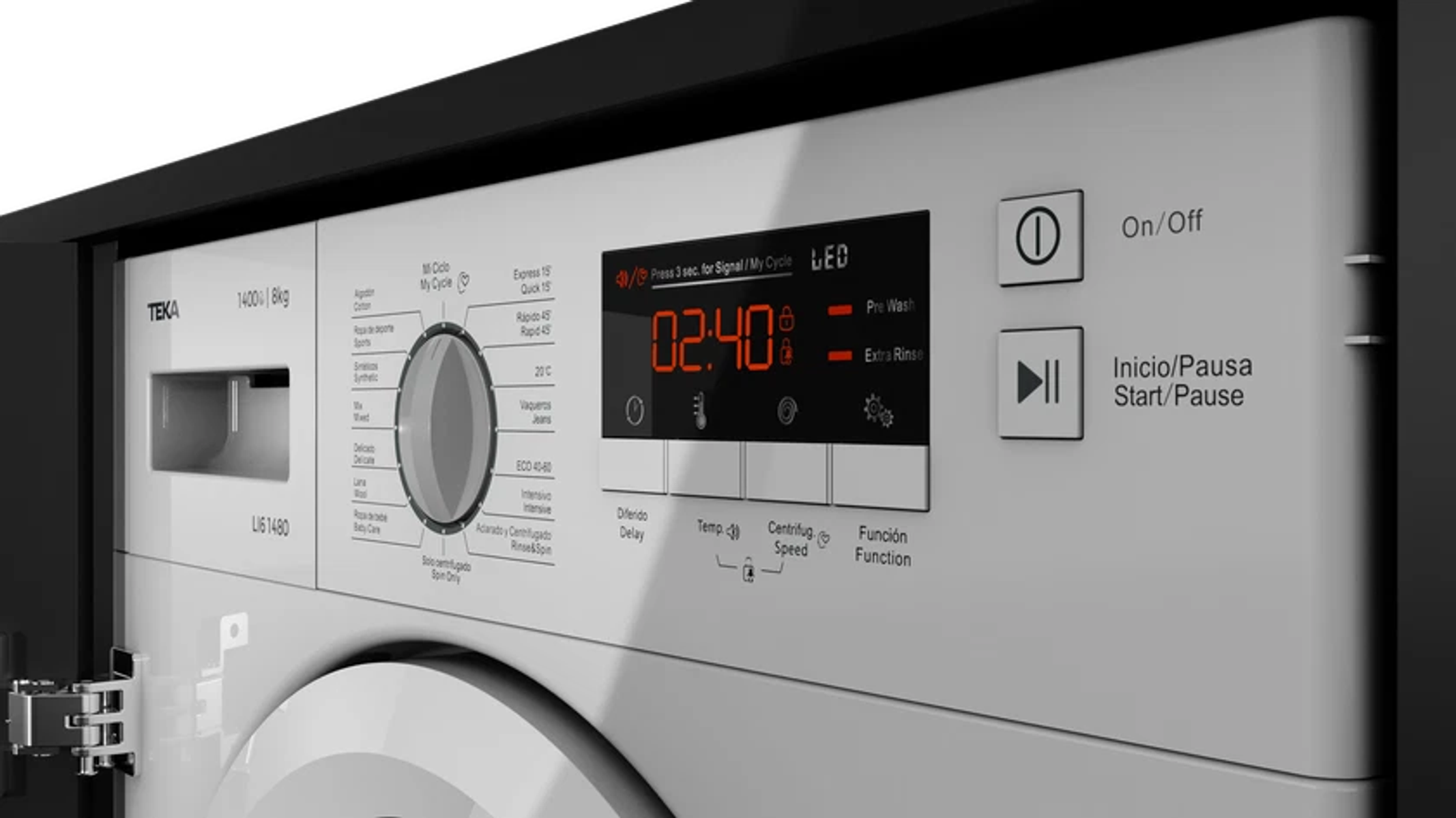 Panel sterowania pralki. Biały panel z wyświetlaczem cyfrowym i kilkoma przyciskami. Ustawienia są widoczne.