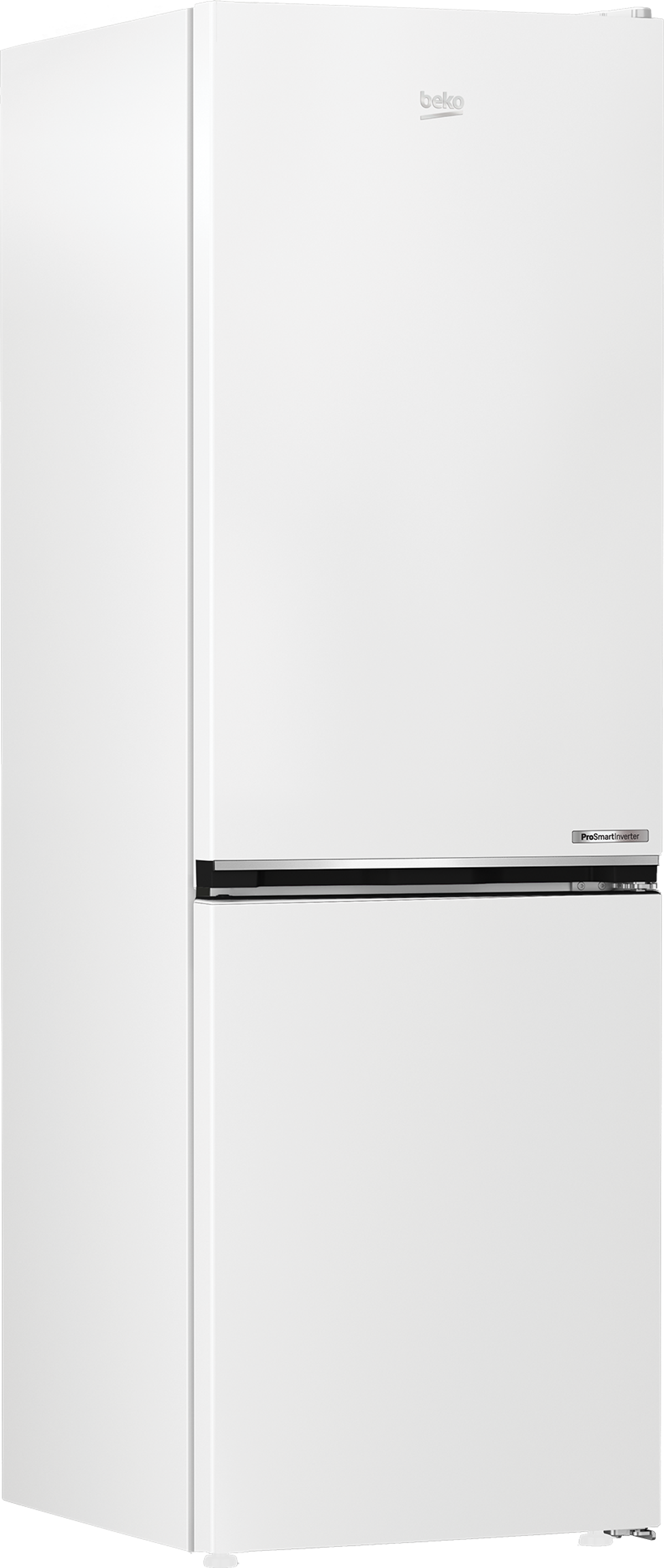 Biała lodówka Beko, wysoka i stojąca, z czarnym uchwytem i minimalistycznym designem.