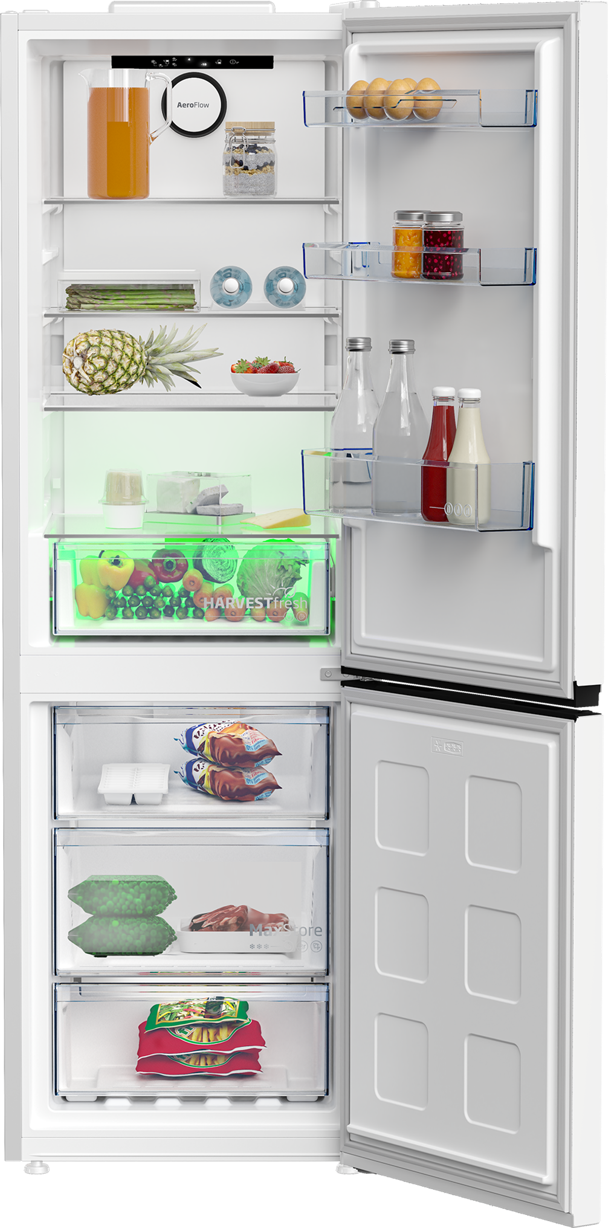 Biała lodówka z otwartymi drzwiami, pokazująca różne produkty spożywcze w środku.