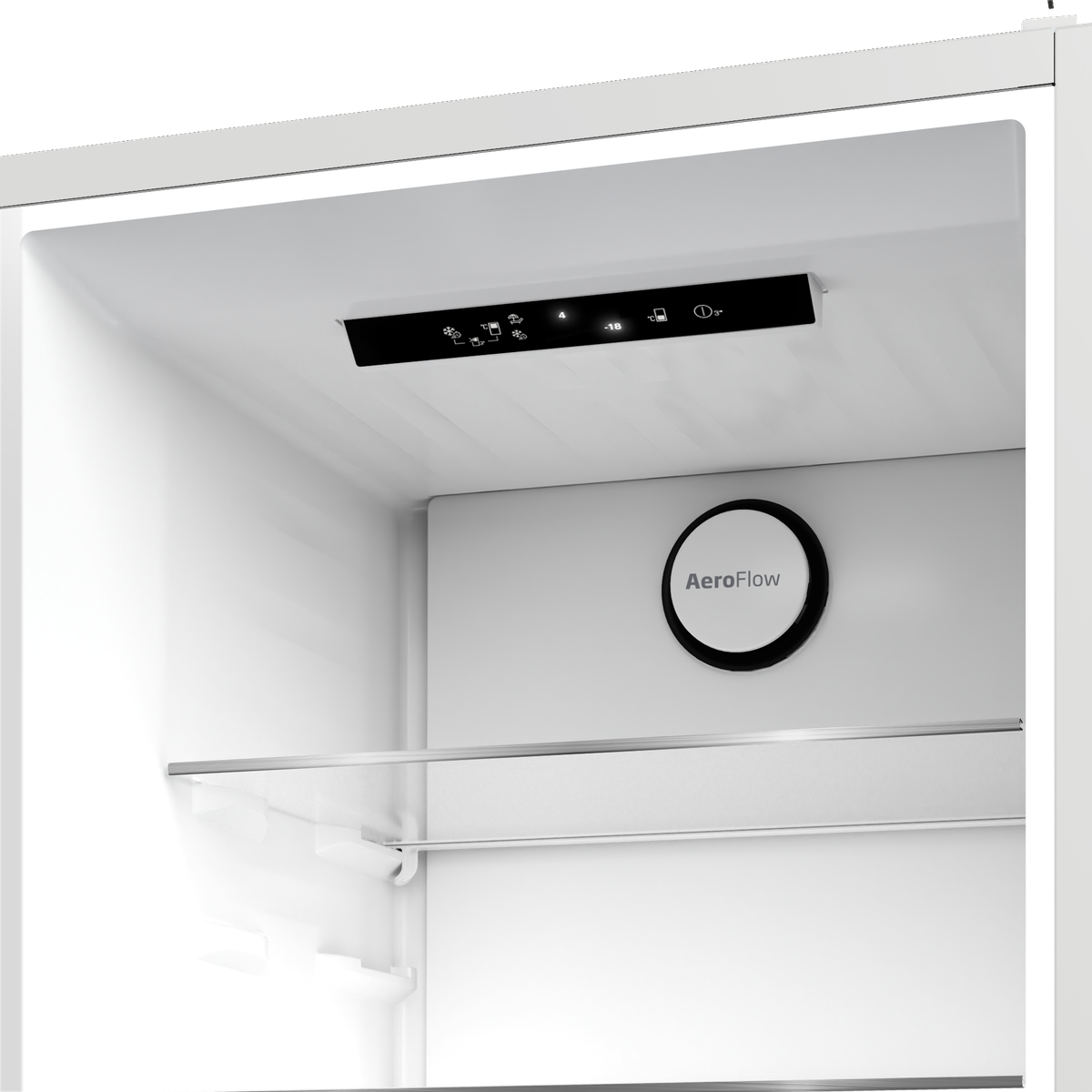 Wnętrze białej lodówki z panelem sterowania i logo AeroFlow.