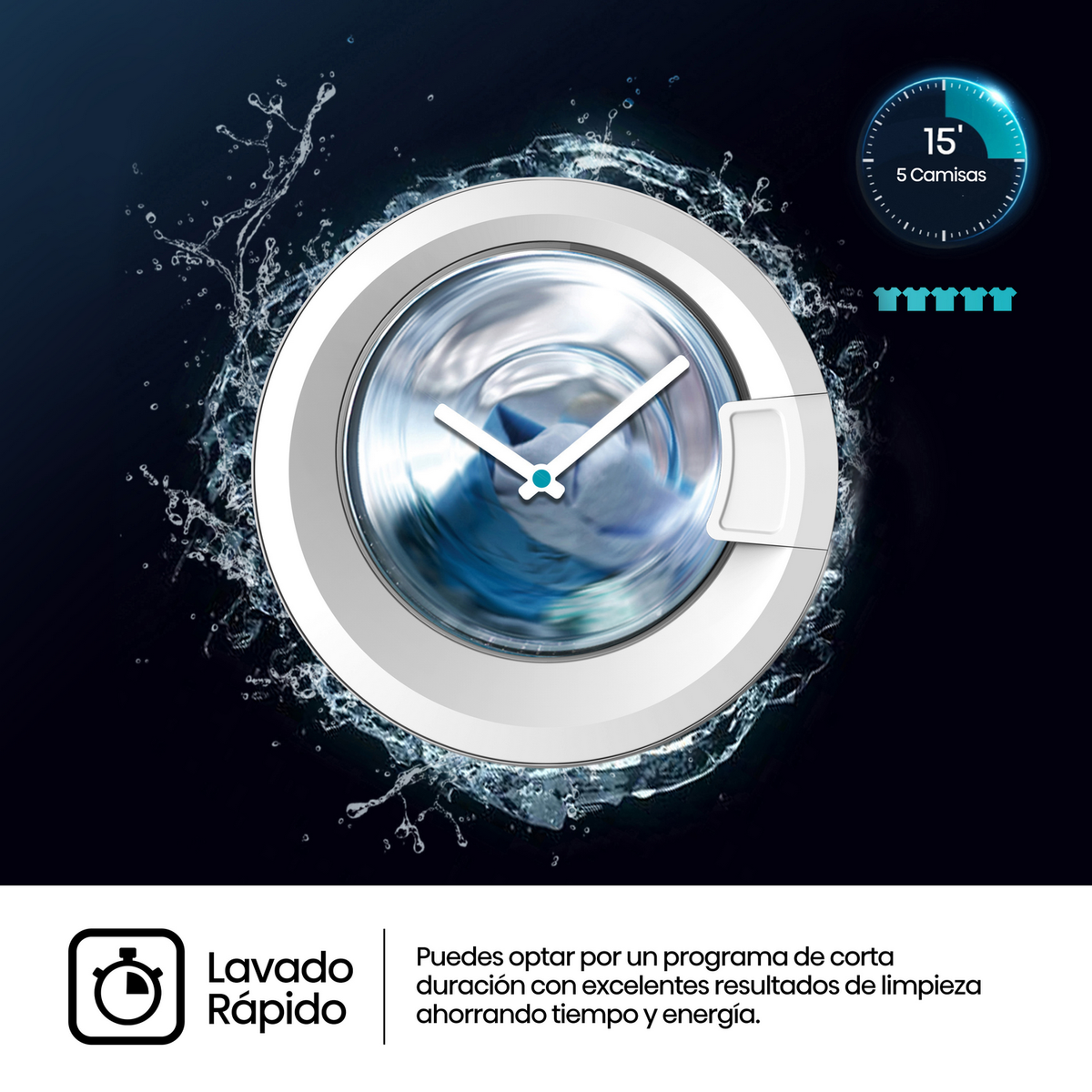 Pralka wiruje ubrania. Wykres zegara pokazuje 15 minut i 5 koszul.