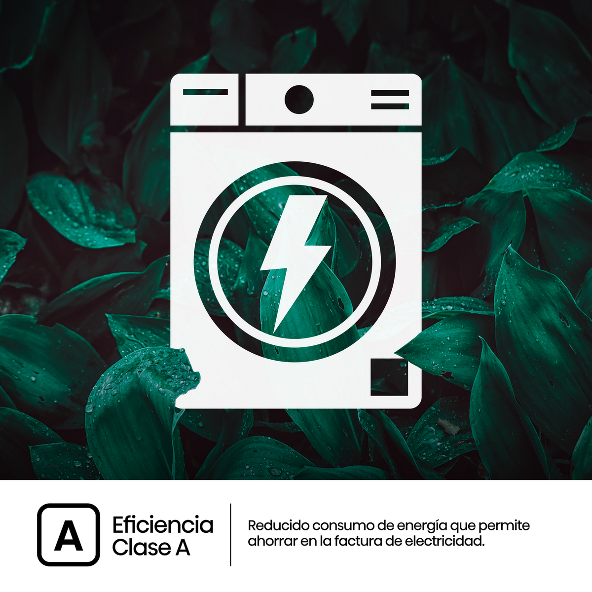 Biała ikona pralki z błyskawicą w środku, na tle zielonych liści.