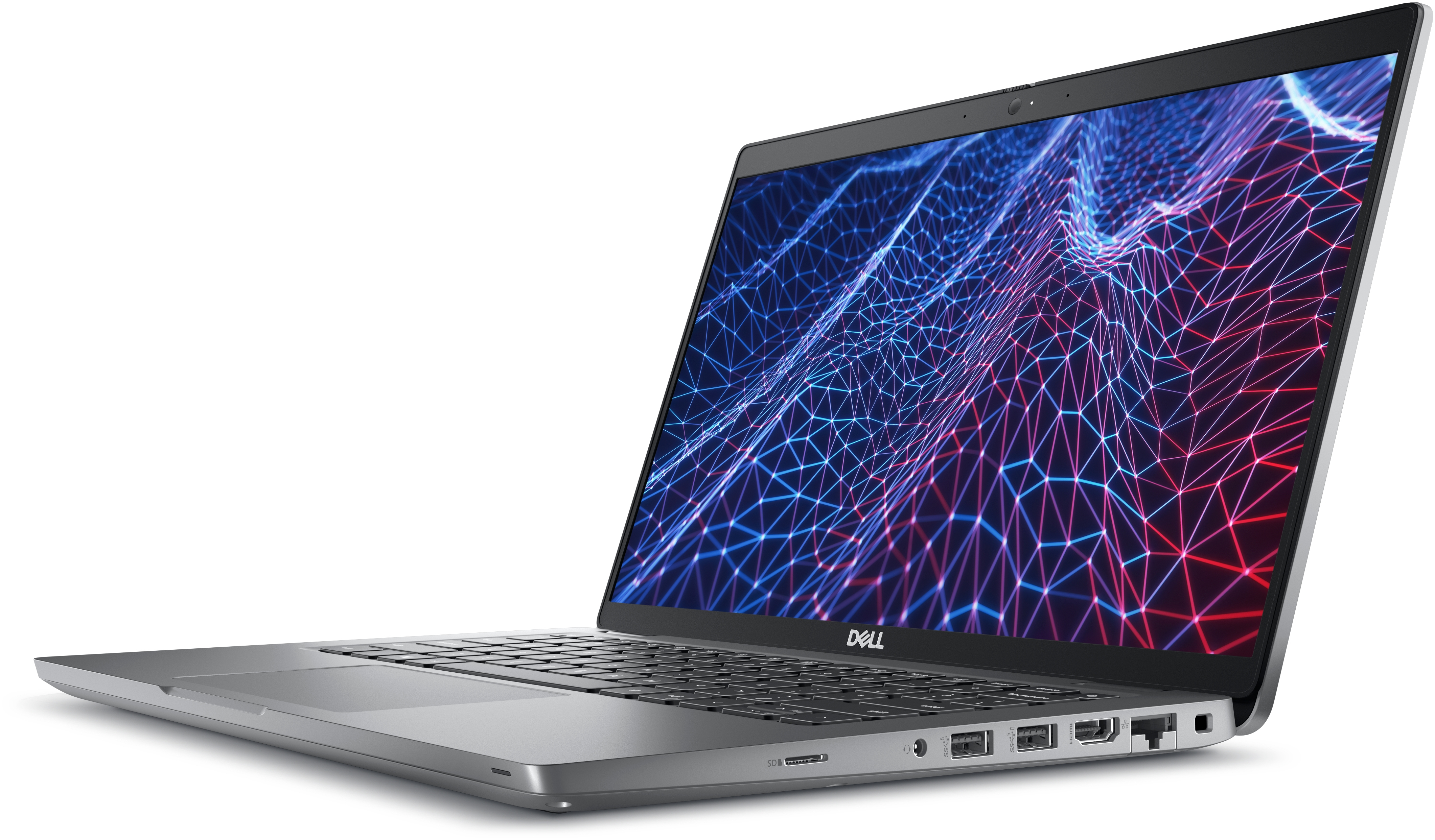 Silver laptop with a screen displaying a blue and red network pattern, angled on a white surface.