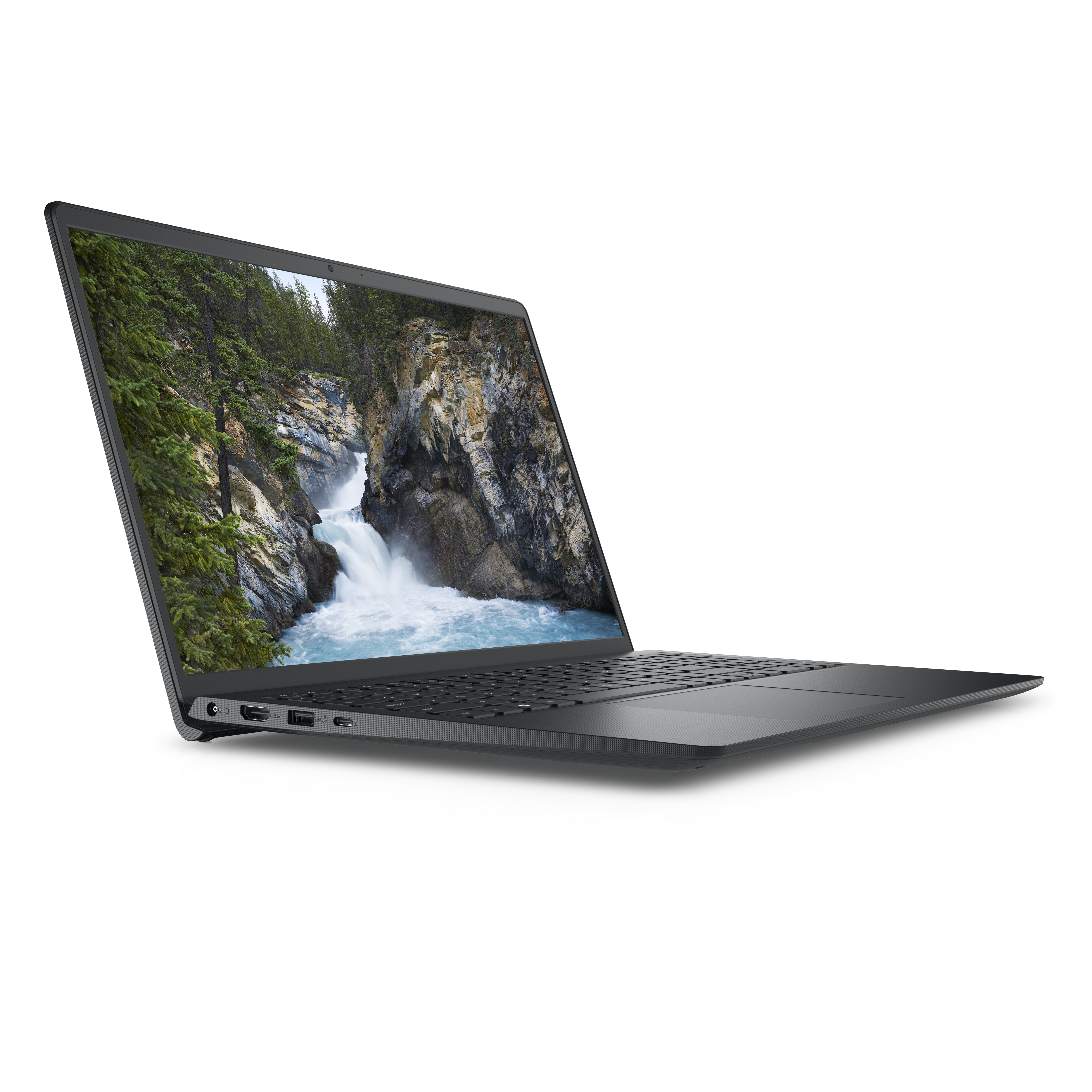 A laptop with a waterfall scene on the screen, open on a white background.