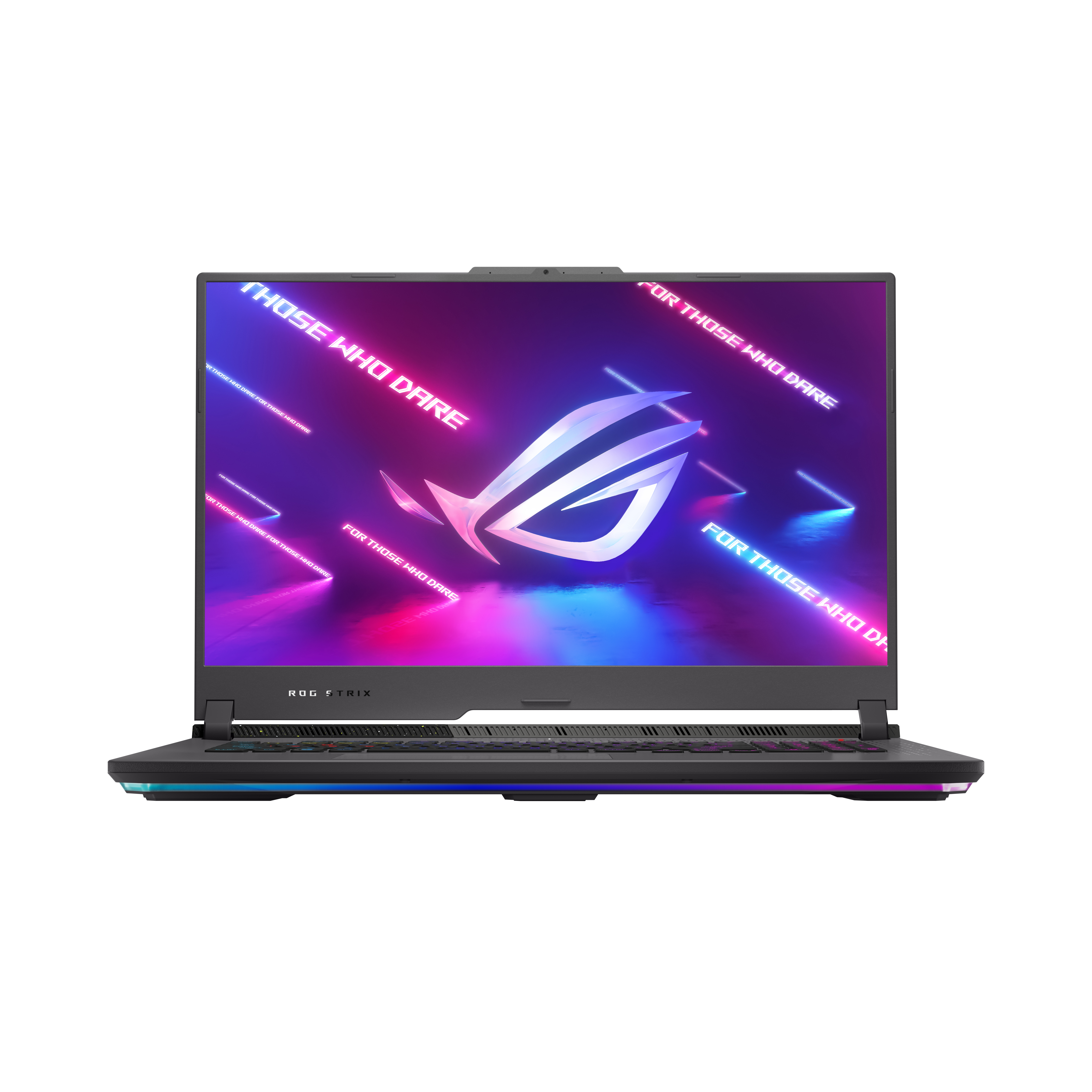Czarny laptop do gier z logo ROG STRIX i kolorową klawiaturą i ekranem. Białe tło.