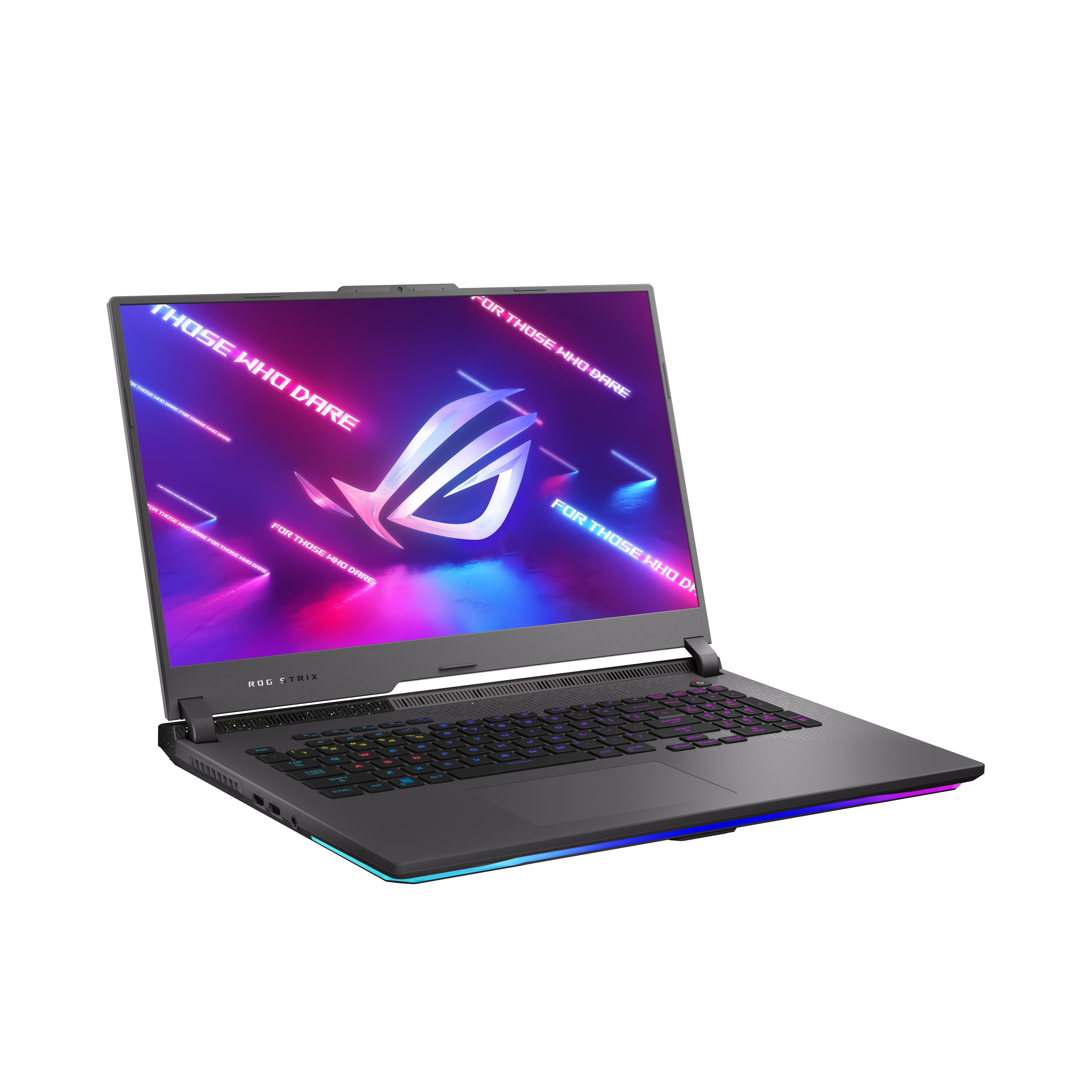 Szary laptop z klawiaturą RGB. Ekran wyświetla kolorową grafikę, logo widoczne.