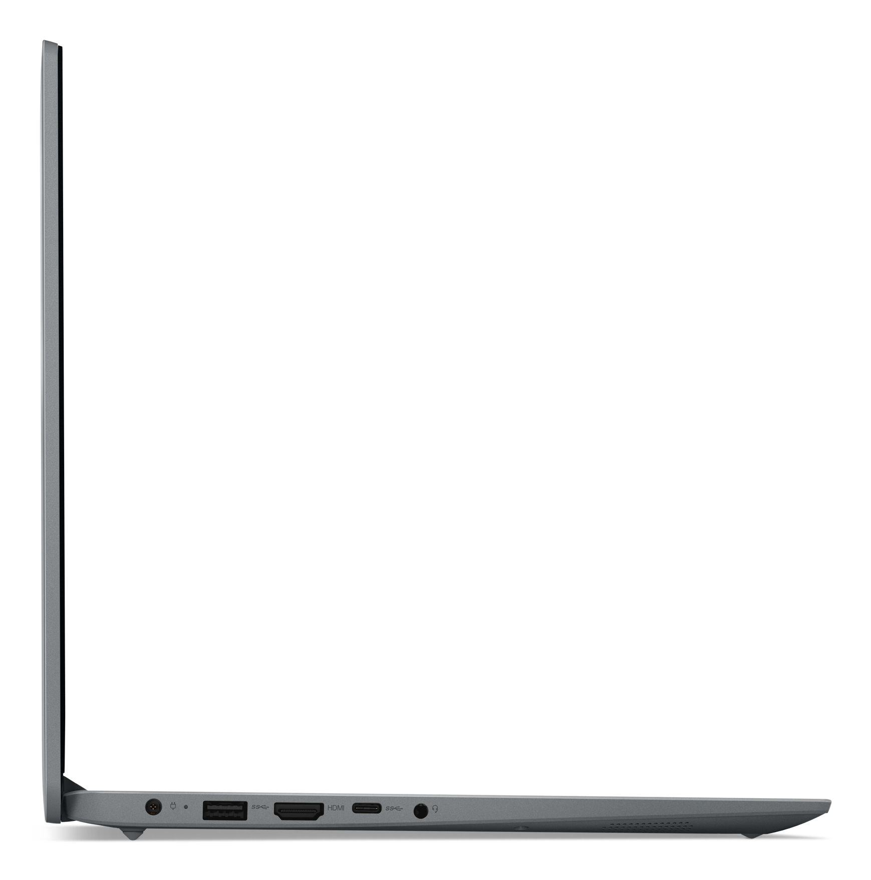 Widok z boku szarego laptopa na białym tle, pokazujący porty i smukły profil.