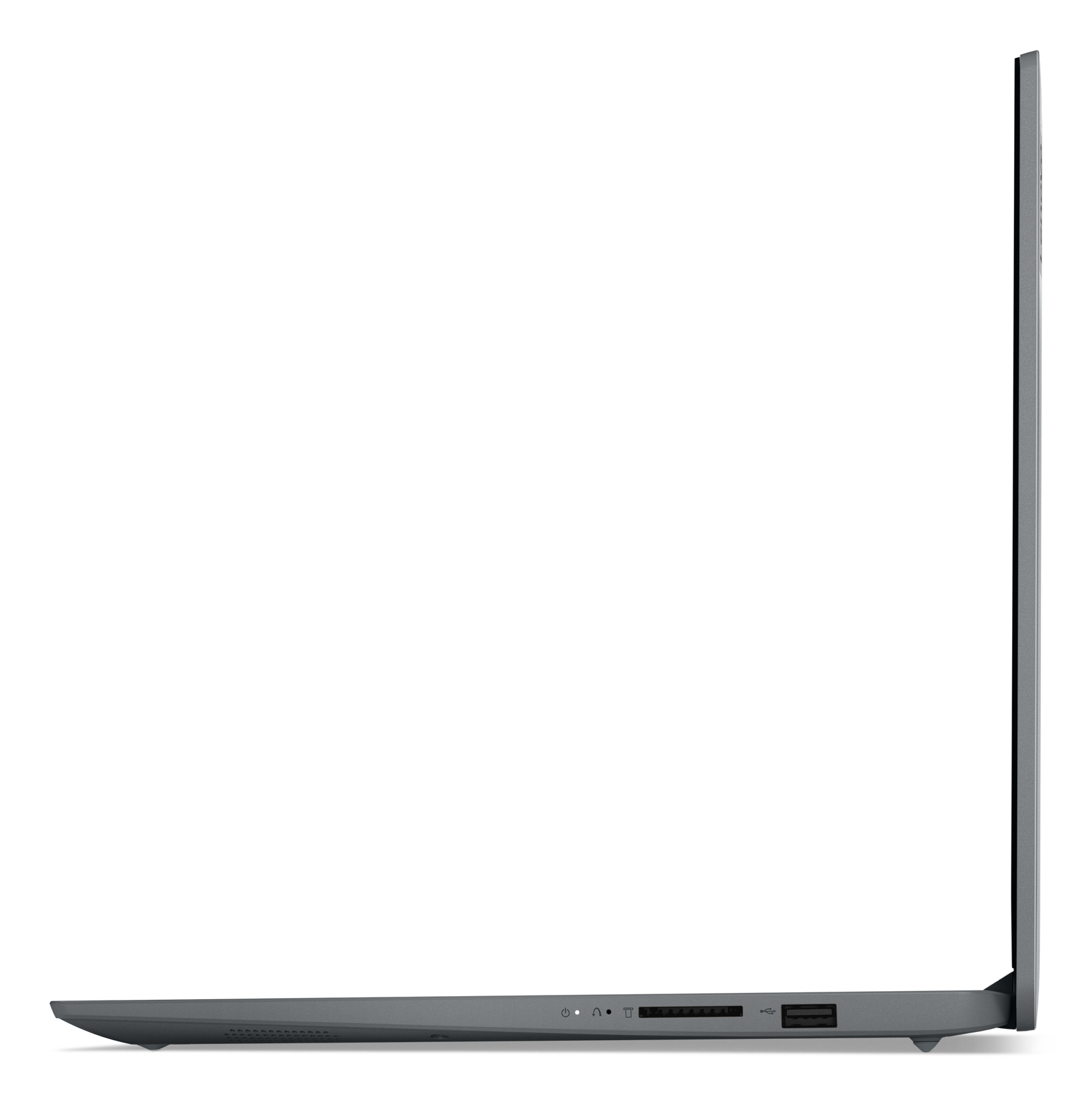 Widok z boku szarego laptopa, zamkniętego, na białym tle.