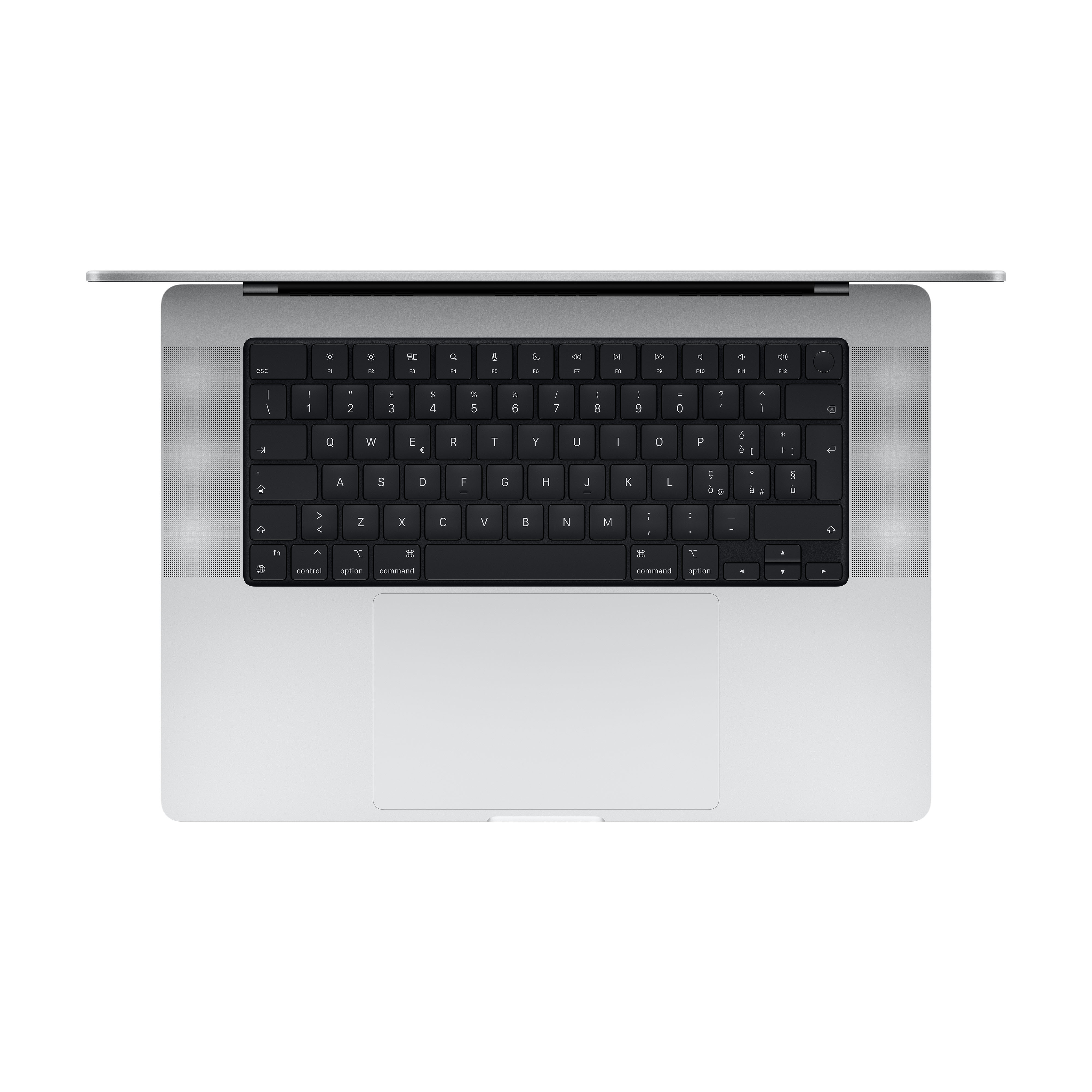 Srebrny laptop, widok z góry, widoczna klawiatura. Ekran jest zamknięty. Tło jest białe.
