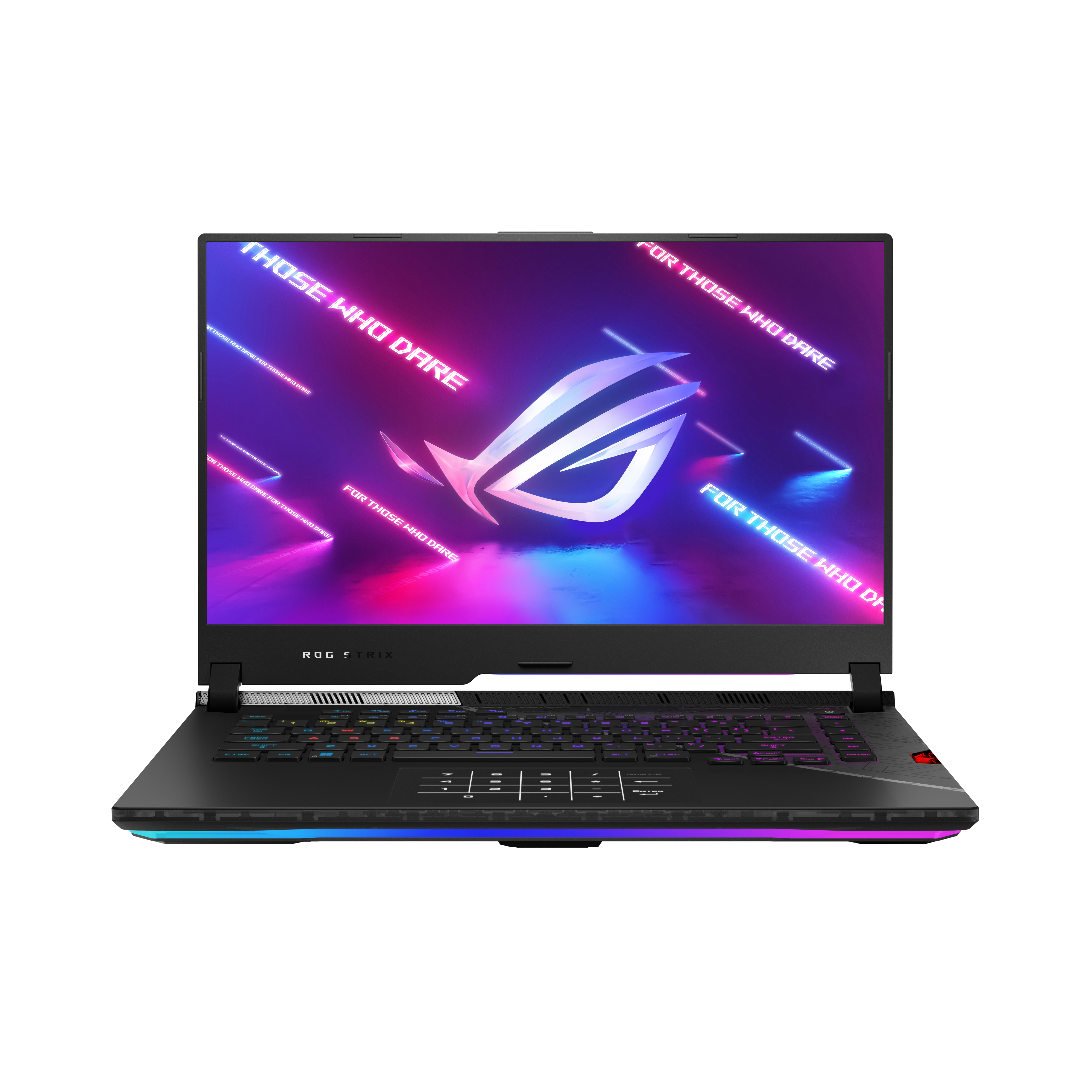 Ein Laptop mit einem farbenfrohen Bildschirm mit dem Text 'THOSE WHO DARE'. Die Tastatur und das Markenlogo sind sichtbar.