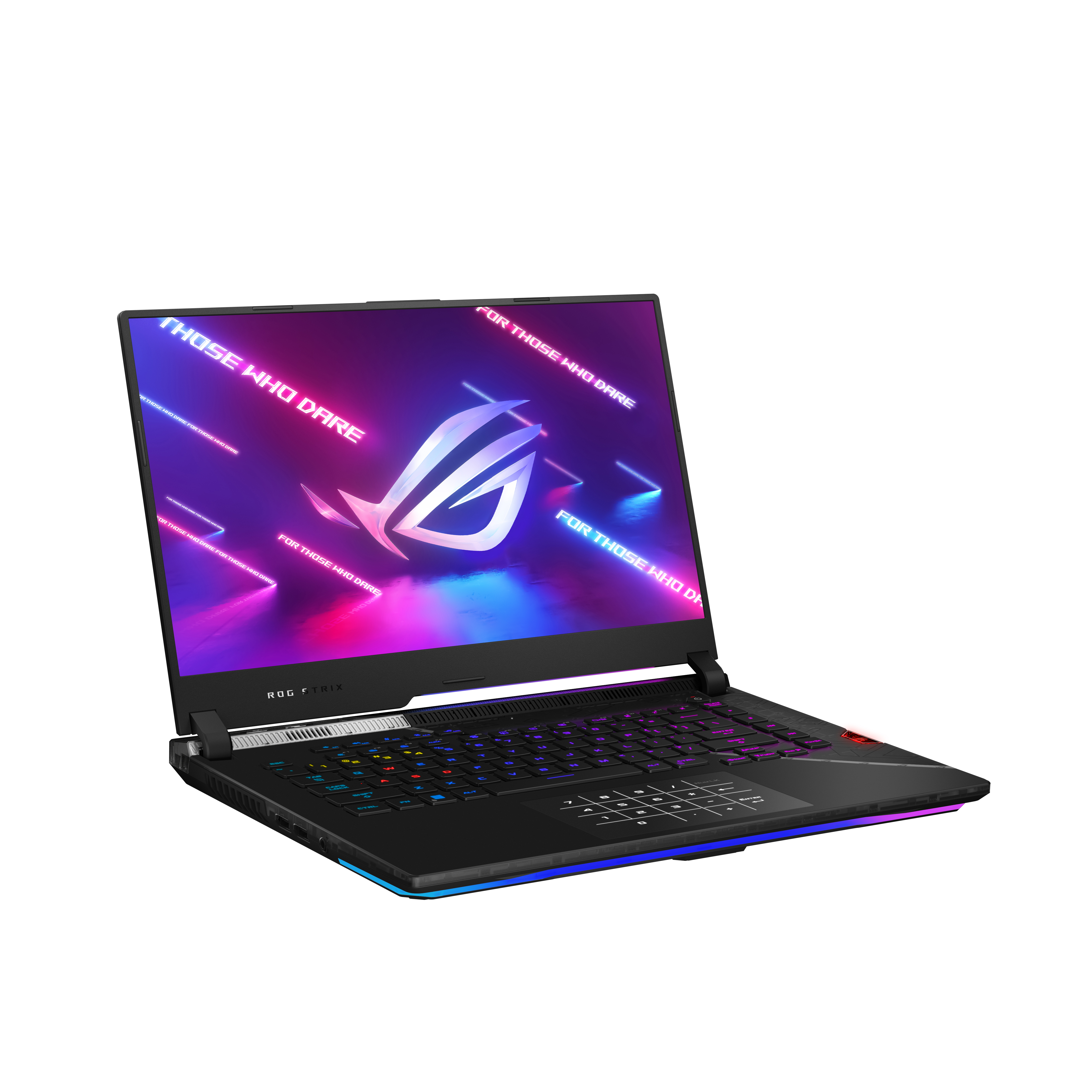 Schwarzer Gaming-Laptop mit farbiger, beleuchteter Tastatur. Bildschirm zeigt Logo und Text.
