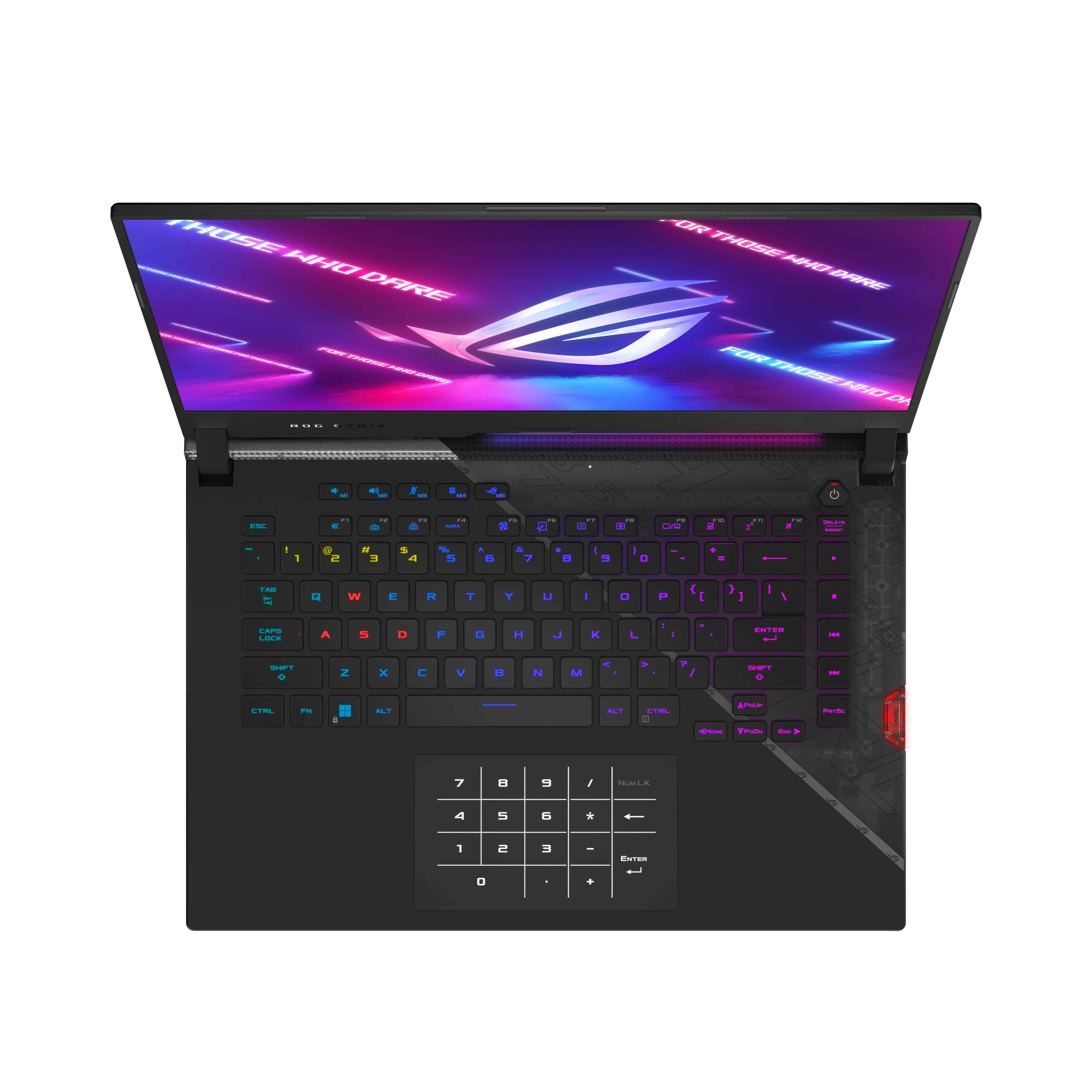 Laptop mit offenem Bildschirm. Die Tastatur ist beleuchtet. Der Bildschirm zeigt ein Logo. Der Hintergrund ist weiß.
