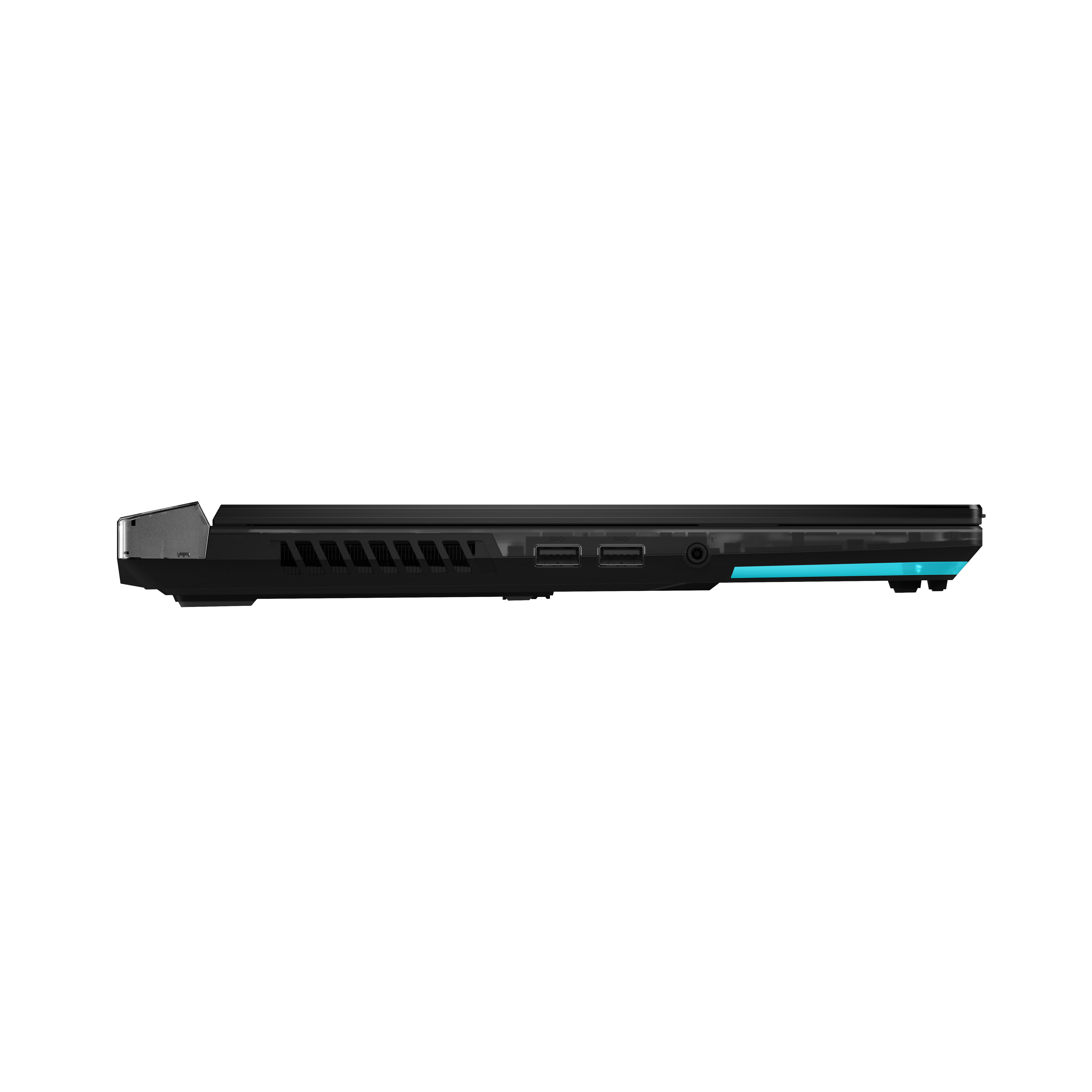 Seitenansicht eines schwarzen Laptops, zeigt das Seitenprofil.
