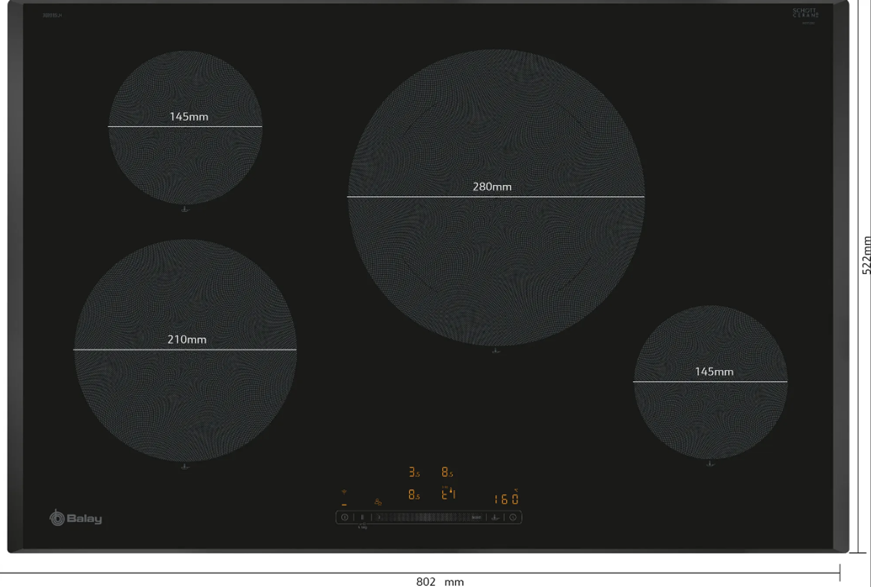 Czarna płyta indukcyjna z czterema palnikami. Wymiary są oznaczone na powierzchni płyty.