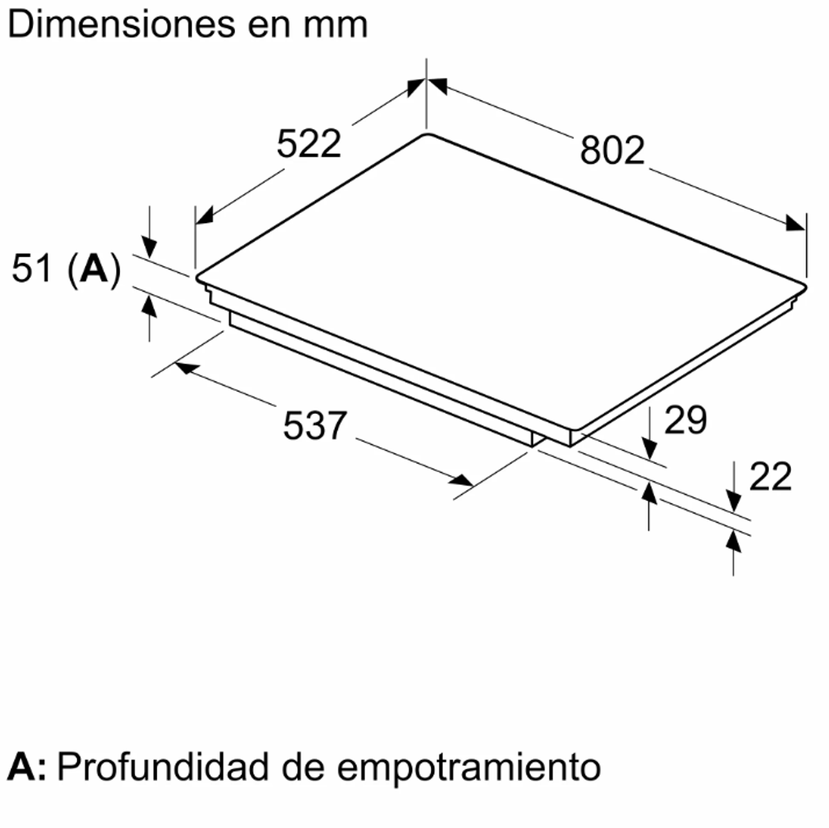 Diagram wymiarów w mm, pokazujący prostokątną powierzchnię z pomiarami długości, szerokości i głębokości.