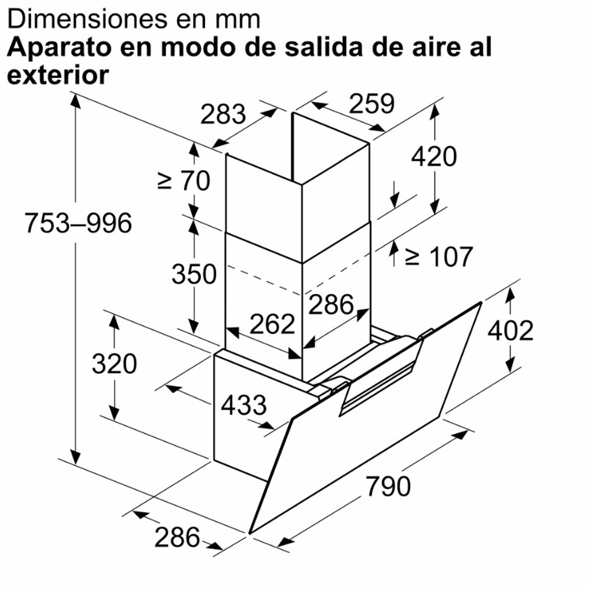 Diagrama con dimensiones de una campana extractora, medidas en mm.
