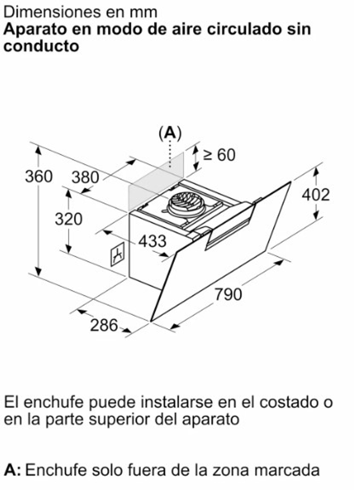 Dibujo técnico con dimensiones de una campana de circulación de aire, mostrando medidas en milímetros.