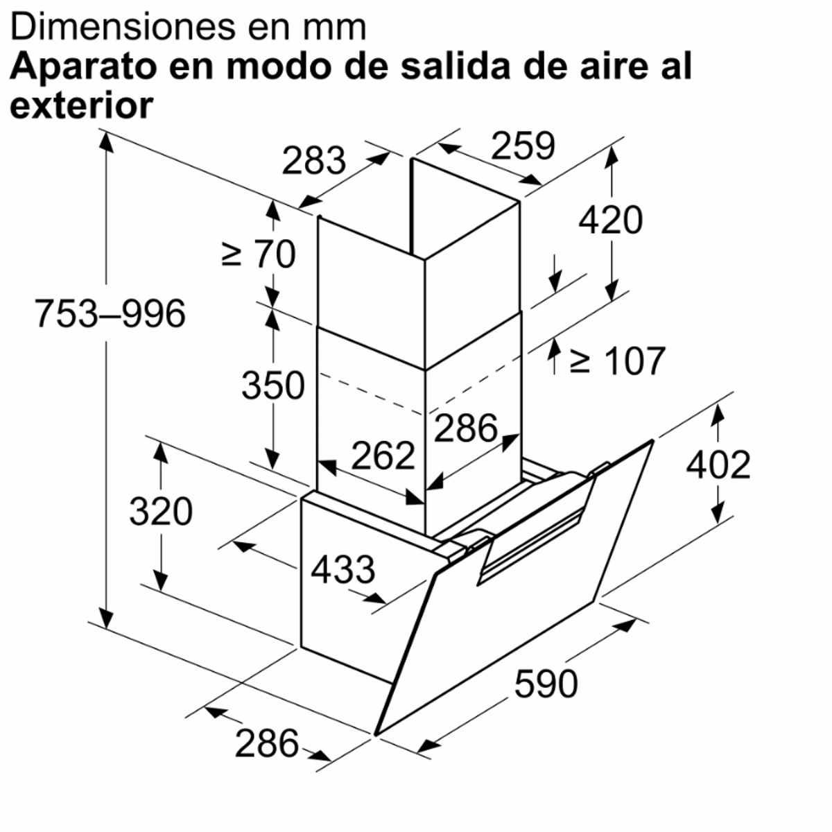 Diagrama técnico de campana extractora, mostrando dimensiones y piezas.