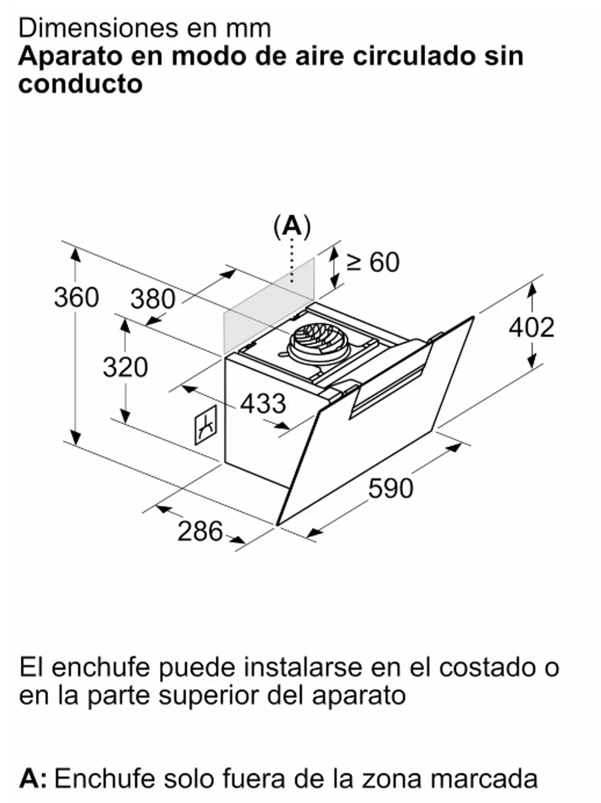 Diagrama de un aparato rectangular con dimensiones, que muestra el sistema de flujo de aire. Texto en español.