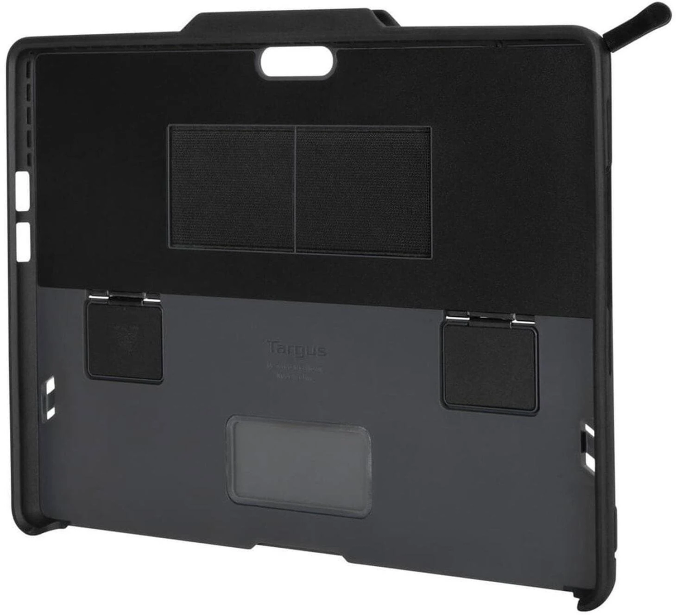 Funda Targus negra, abierta, mostrando el interior. Negro y gris, con asa.